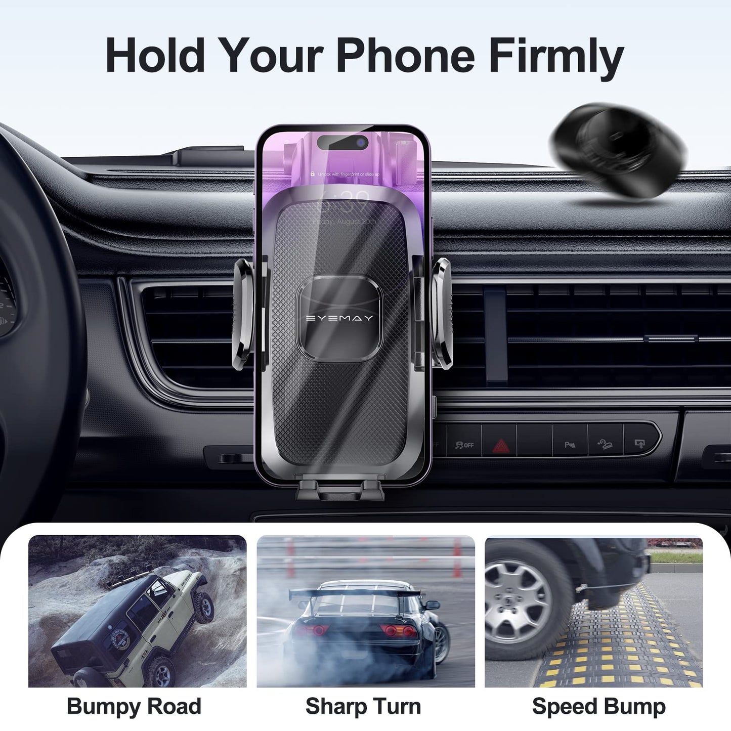 Eyemay 2023 Upgraded Car Phone Holder Mount - [ Bumpy Roads Friendly ] Phone Mount for Car Dashboard Windshield Air Vent 3 in 1, Hand Free Mount for iPhone 14 13 12 Pro Max Samsung All Cell Phones