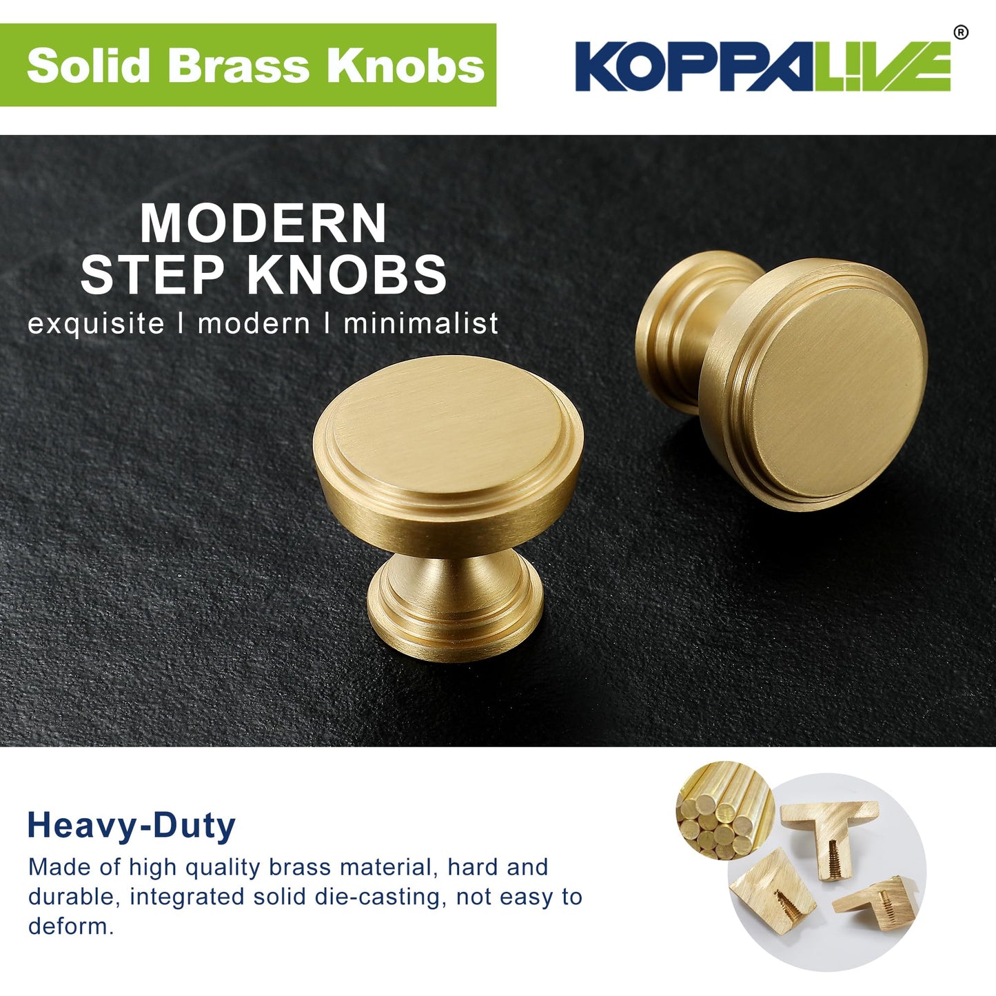 KOPPALIVE 2-Pack Solid Brass Kitchen Cabinet Knobs, Modern Gold Drawer Knobs for Dresser, Round Step Cabinet Knobs Pulls, Brushed Finish, Diameter 1-11/64 Inches