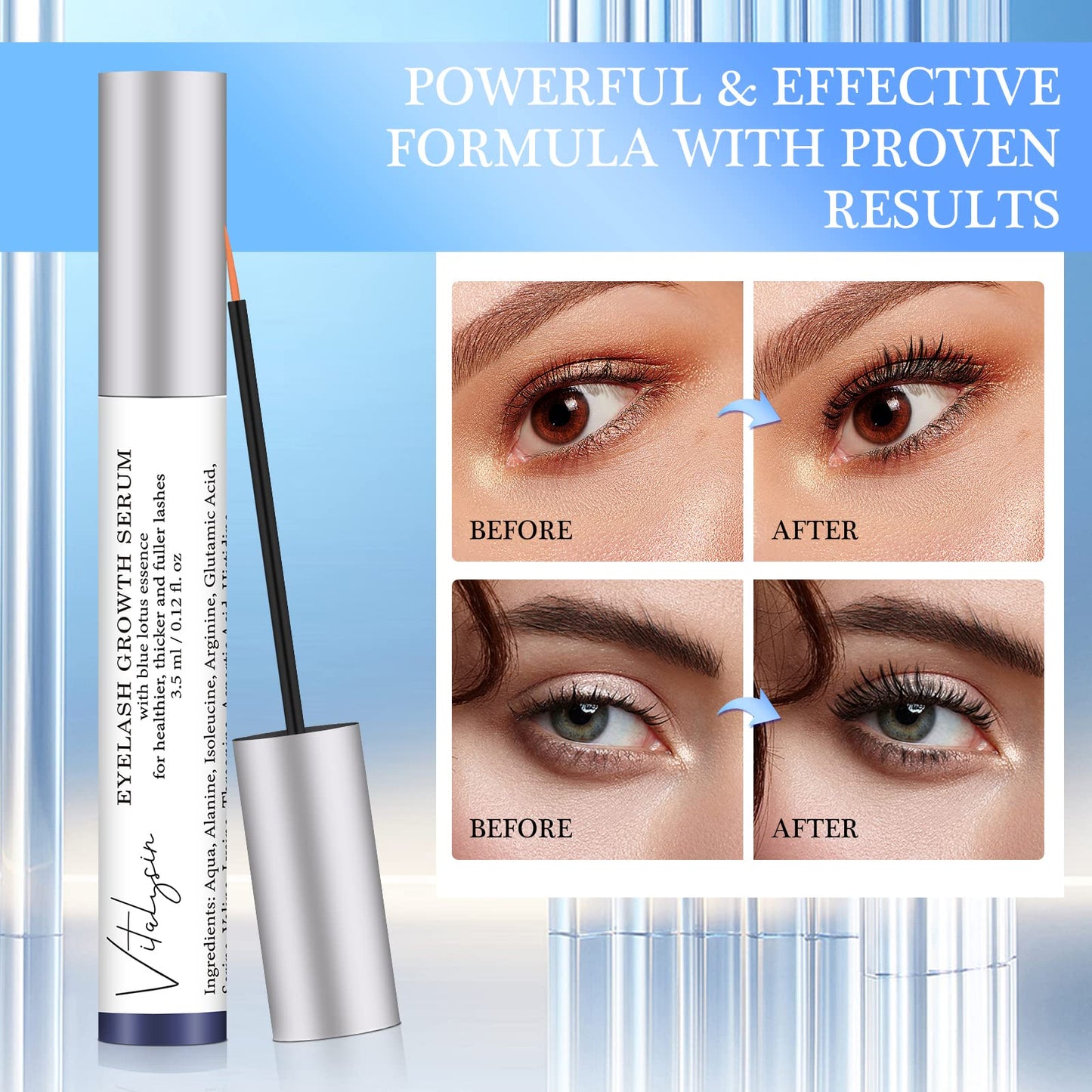 Vitalysin Eyelash Growth Serum - Eyebrow Enhancer - Premium Lash Boost Serum - Natural Ingredients - 0.12OZ/3.5ML (BLUE)