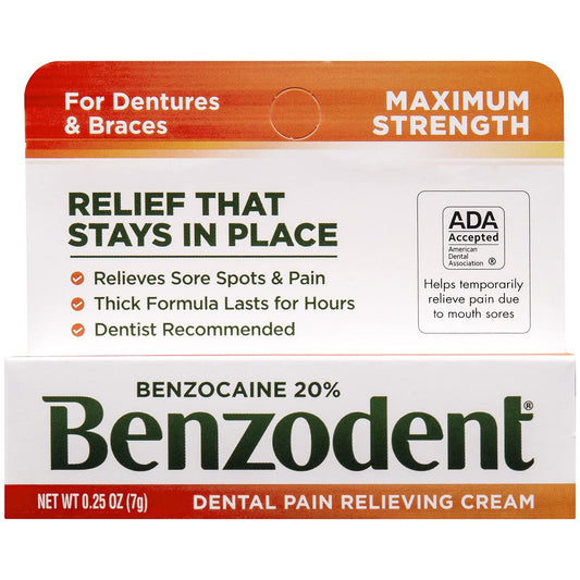 Benzodent Dental Pain Relieving Cream for Dentures and Braces, Topical Anesthetic, 0.25 Ounce Tube