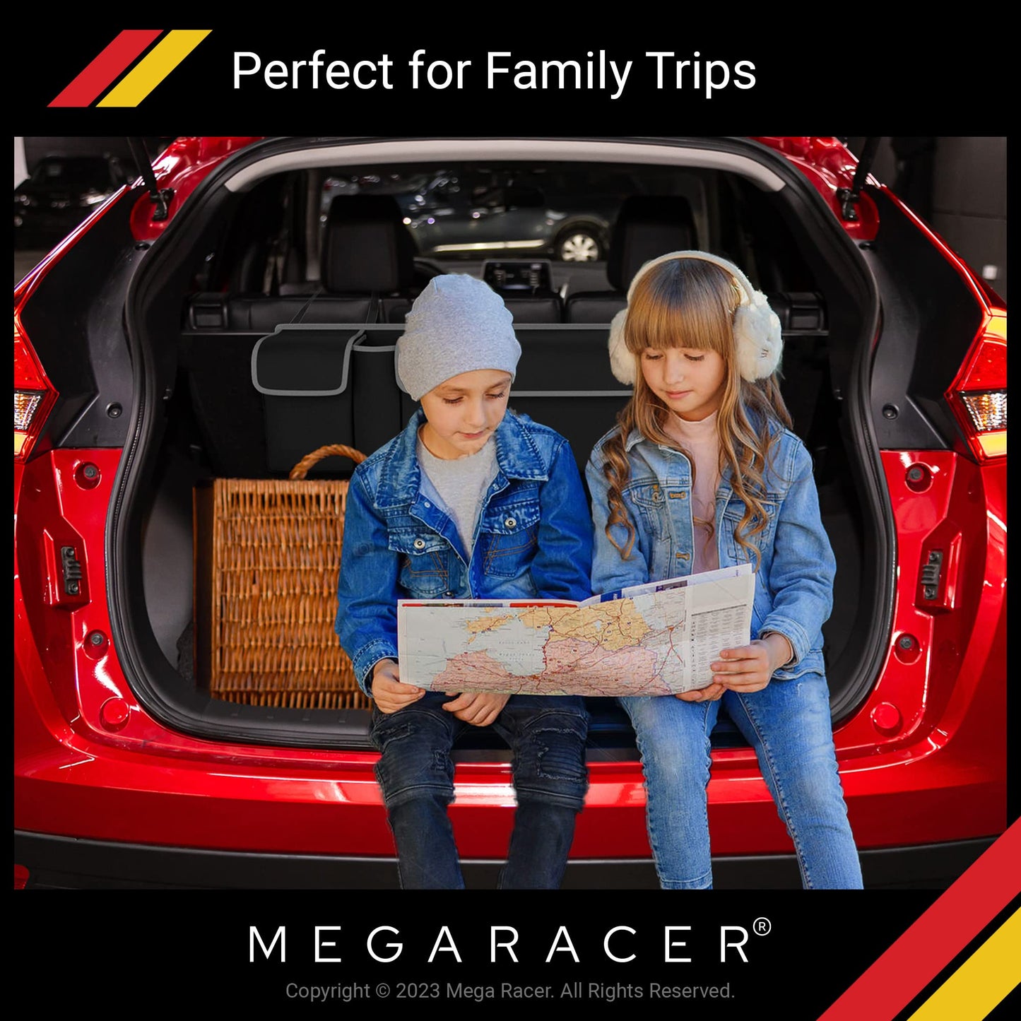 Mega Racer Black Trunk Organizer - 600D Polyester & Oxford Cloth Material, 4 Large Storage Pockets, 2 Adjustable Rear Clips, Storage Accessories For Cars Pickup Trucks SUV Vans, Waterproof, 1 Piece