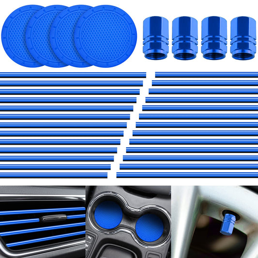 Frienda 28 Pcs Car Interior Accessories Including 20 Pcs Car Air Conditioner Decoration Strip 4 pcs Non Slip Silicone Car Cup Coaster 4 pcs Car Tire Valve Stem Caps for Most Cars SUVs Trucks (Blue)