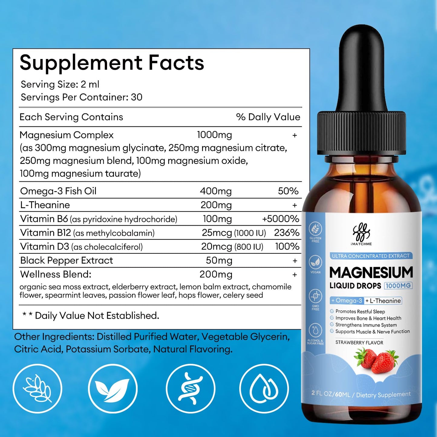 Magnesium Glycinate Liquid Drop with Citrate, Oxide and Taurate, Calm Magnesium with Omega3, L-Theanine, D3, B6, B12 for Calm, Sleep, Leg Cramps, Muscles, Energy, Sugar-Free Strawberry Flavor, 2 Fl Oz