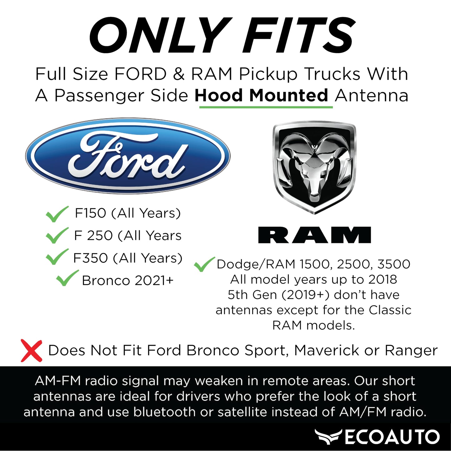 EcoAuto Bullet Antenna Replacement for Dodge Ram & Ford F150 F250 F350 Super Duty Ford Raptor Bronco Trucks - Anti-Theft Design - Radio Antenna for Truck 1990 - Current (American Flag)