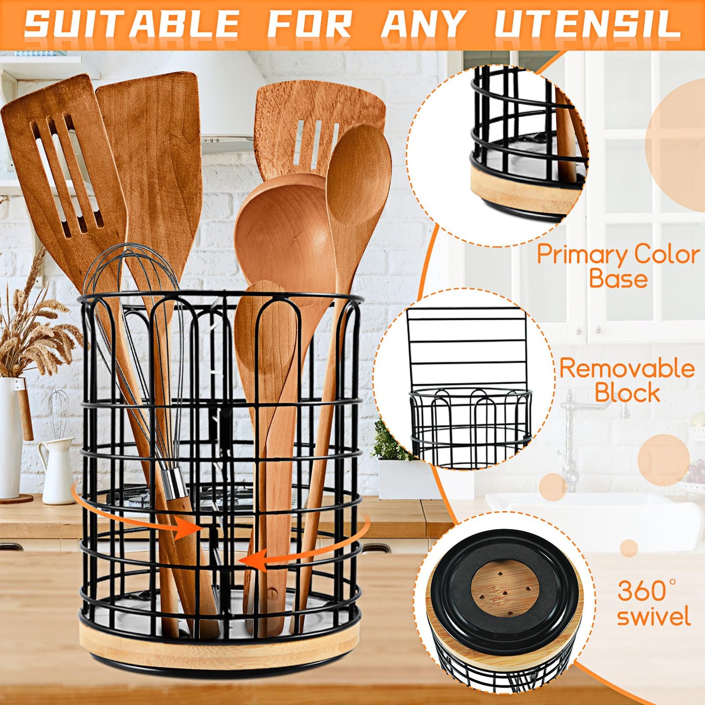 DeaLott 360° Rotating Utensil Holder for Countertop, 7.48'' Large Cooking Utensils Holder with Bamboo Base, Black Metal Wire Kitchen Utensil Holder, Kitchen Countertop Utensil Organizer