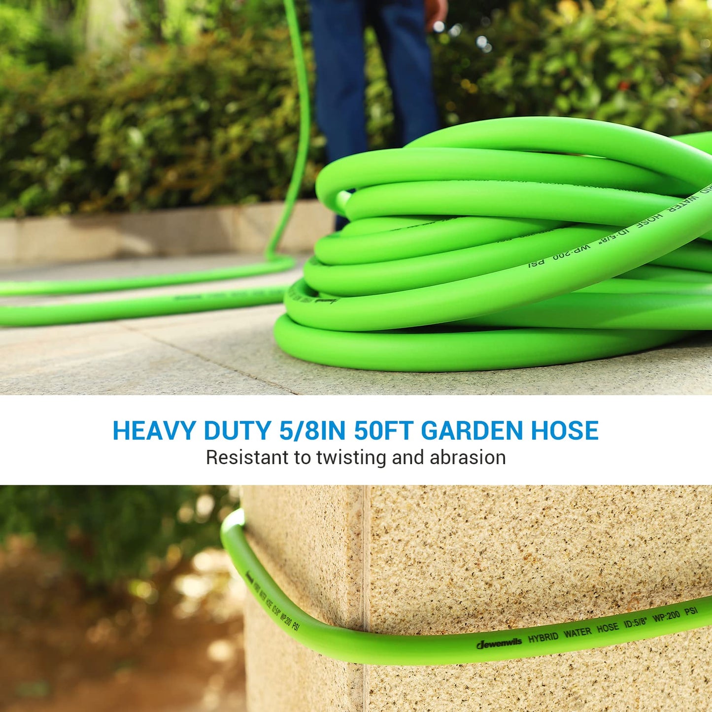 DEWENWILS Hybrid Garden Hose 50 ft x 5/8", Heavy Duty Water Hose with Swivel Handle, Lightweight Flexible Hose for Plants, Car, Yard, 3/4 Inch Solid Fittings, Drinking Water Safe