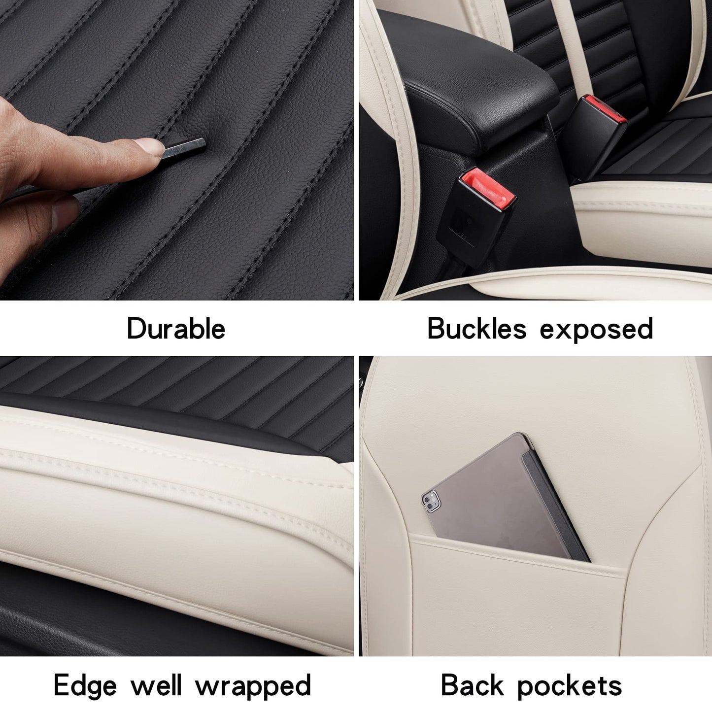 Isen-CoverAuto Full Coverage Faux Leather Car Seat Covers Automotive Vehicle Cushion Universal Fit for Cars SUVs Pick-up Truck, Auto Interior Accessories Seat Covers Full Set (Black & Cream)