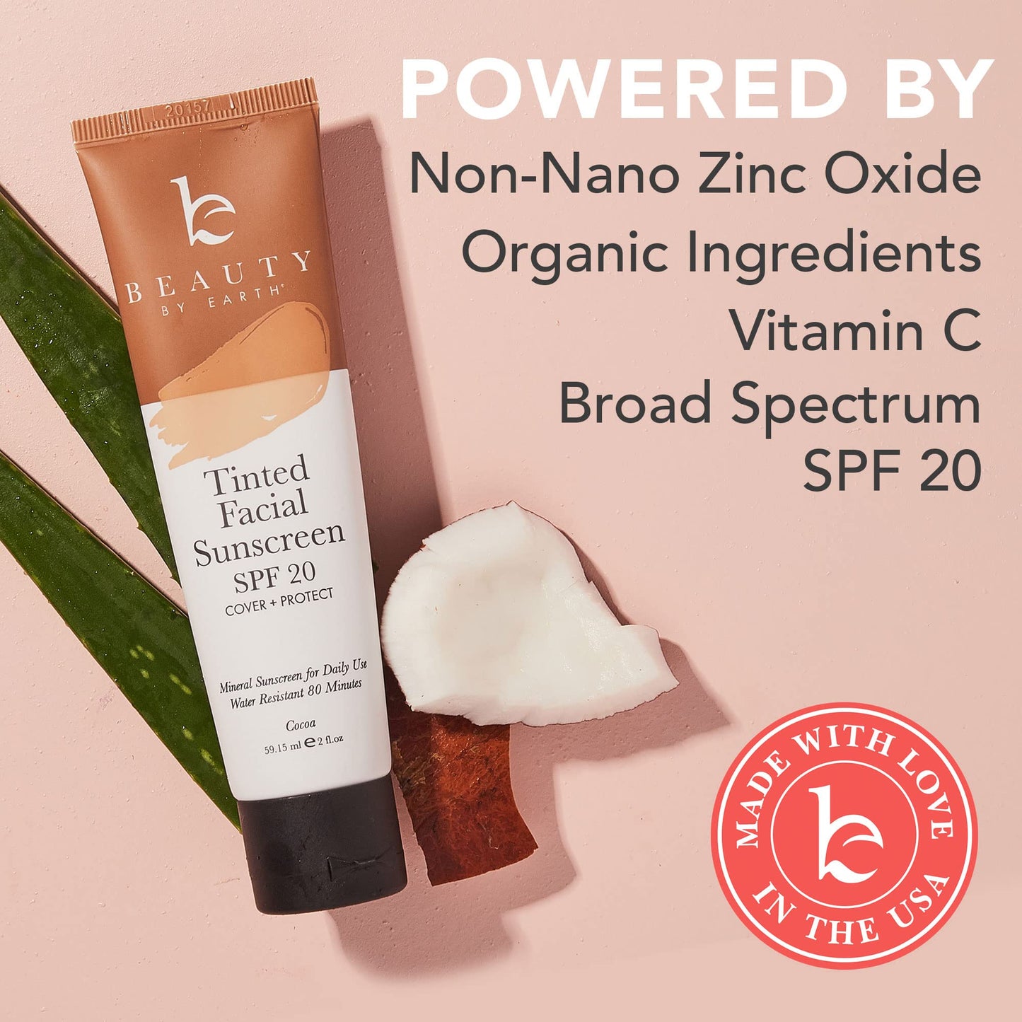 Tinted Sunscreen for Face - SPF 20 With Natural & Organic Ingredients Broad Spectrum Sunblock Lotion, Tinted Moisturizer Zinc Oxide Sunscreen Face for Skincare, Facial Sunscreen (Cocoa)