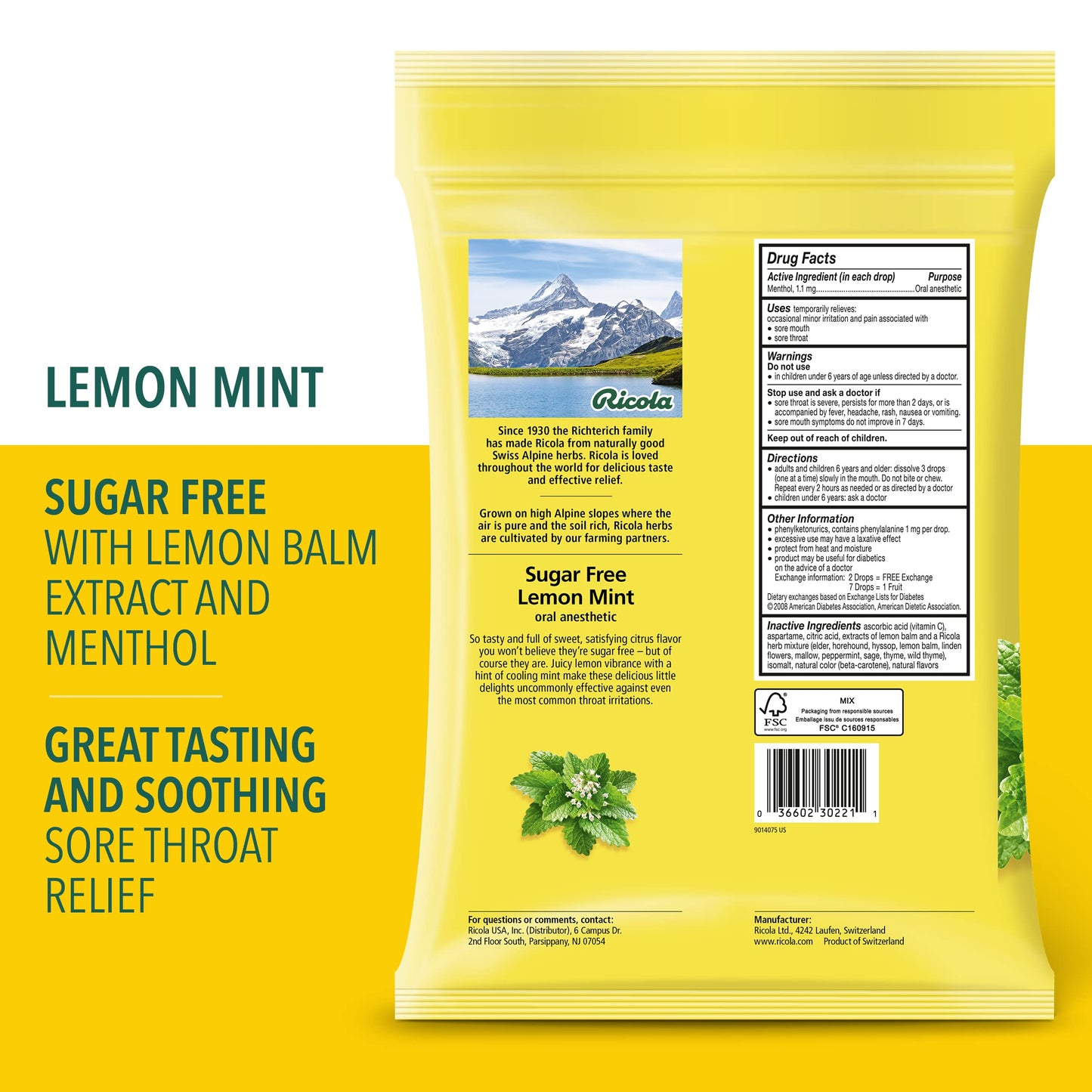 Ricola Sugar Free Lemon Mint Herbal Cough Suppressant Throat Drops, 105ct Bag