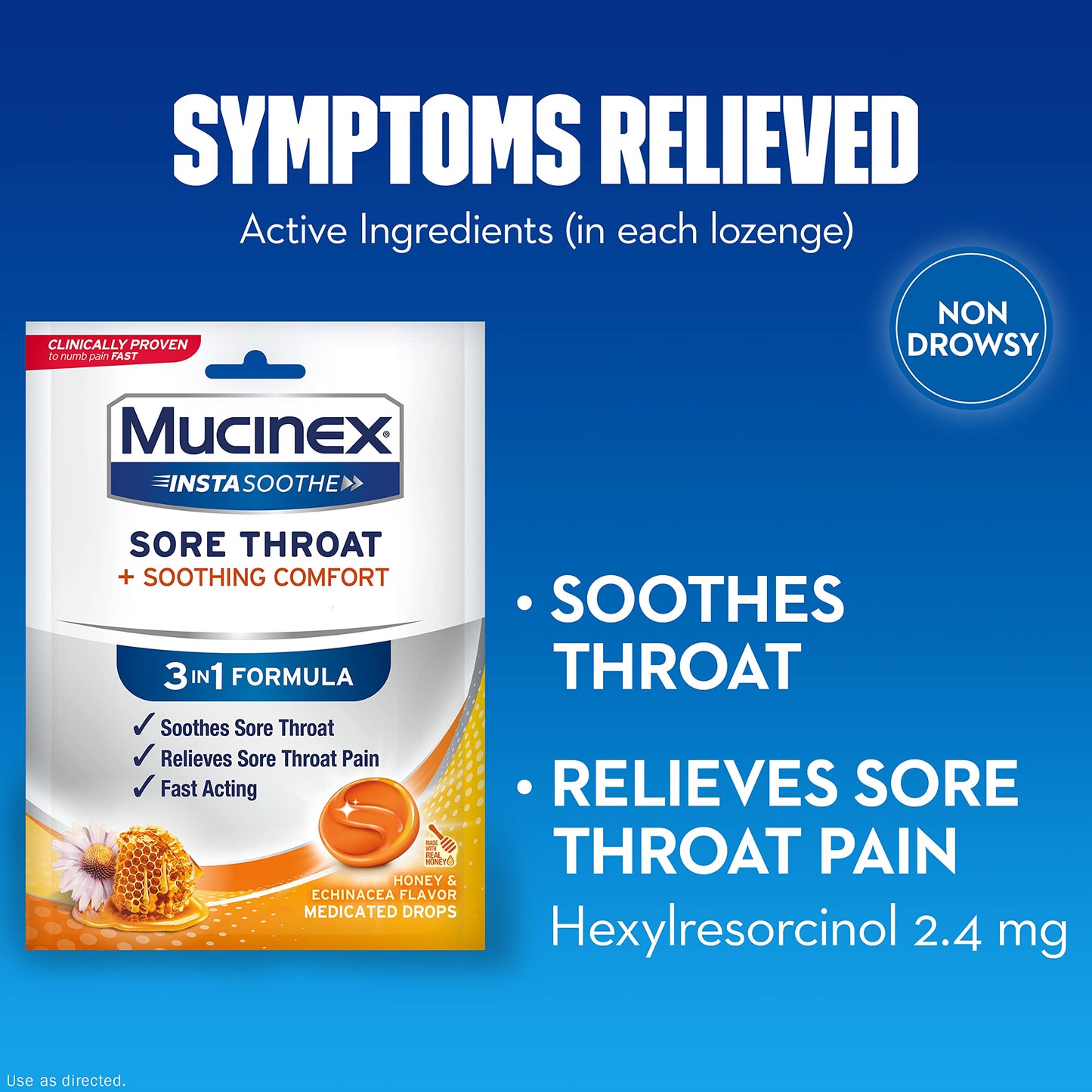 Mucinex InstaSoothe Sore Throat + Soothing Comfort Honey & Echinacea Flavor, Fast Acting, Powerful Sore Throat Oral Pain Reliever, 40 Medicated Drops