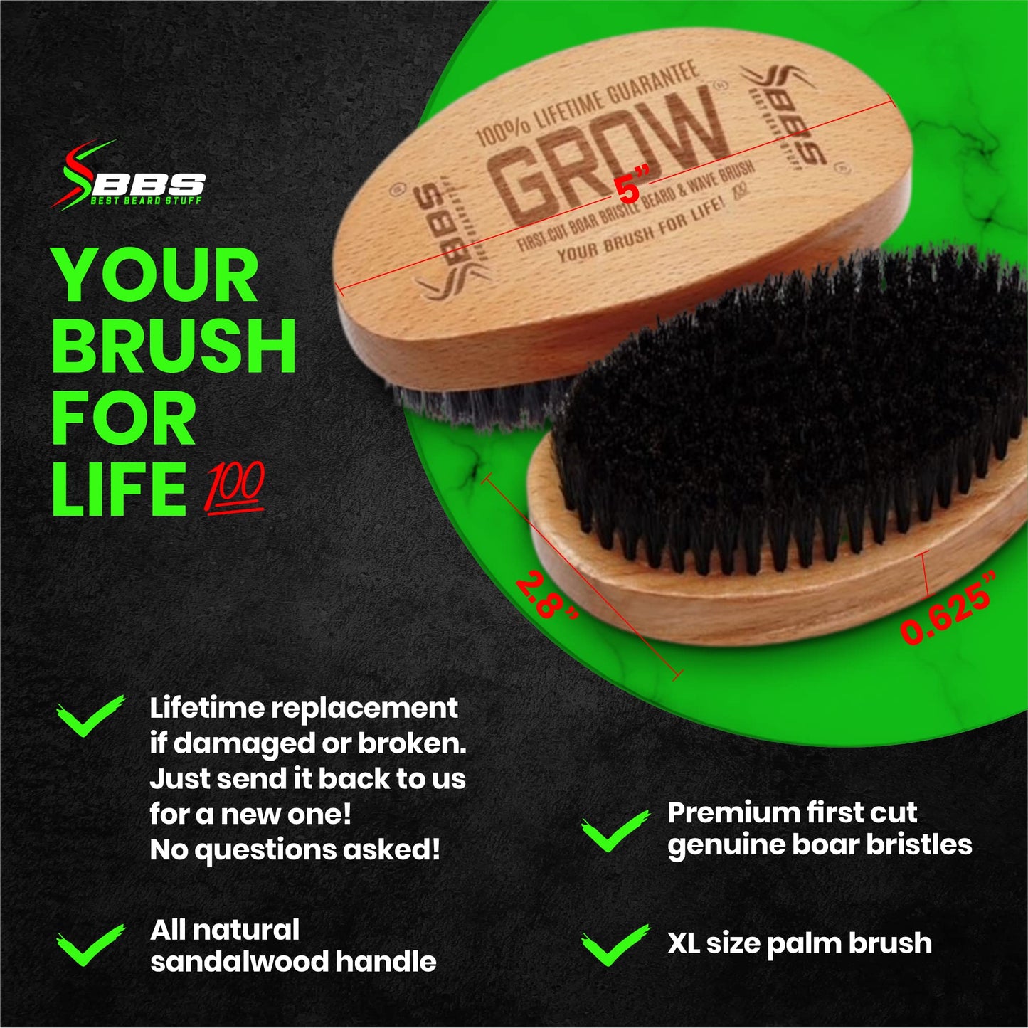 GROW First Cut Boar Bristle Beard & Wave Brush for Men 360 - Beard/Hair Growth Follicle Stimulator - Exfoliate - Detangle - Moisturize - Improve Circulation & Blood Flow (USA)