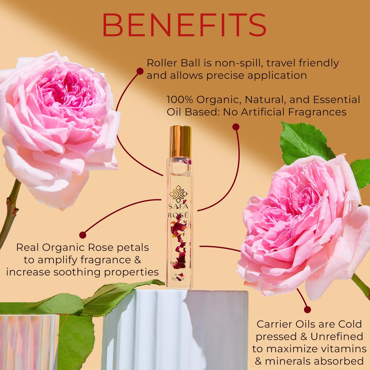 SAFA Rosé Fragrance Oil Roller (No Alc) Bulgarian Damask Rose Scent | Organic Oil for Women & Men | 10 mL .33 fl Oz