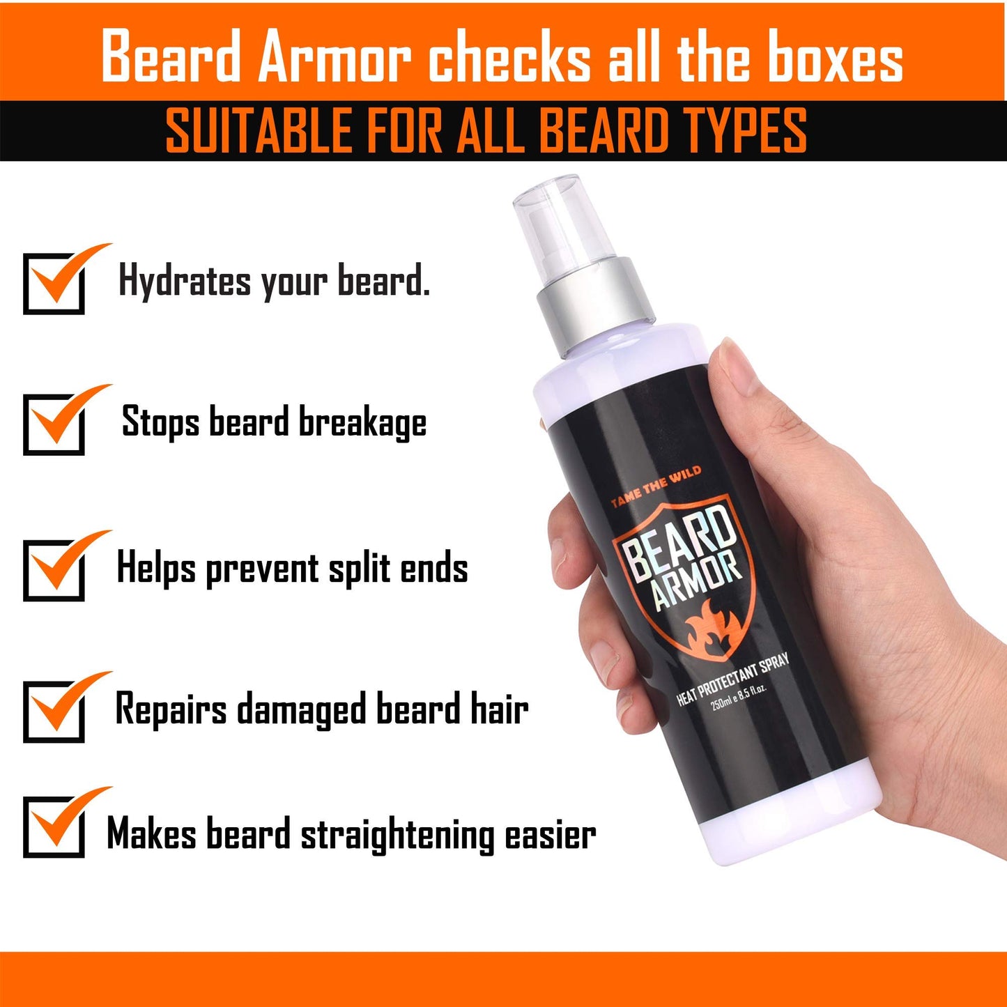 Tame the Wild Heat Protectant for Hair & Beards - Thermal Protector Spray - Large Bottle - Hair and Beard Straightener Heat Shield with Argan Oil, Keratin & Aloe - 8.5 Fl Oz