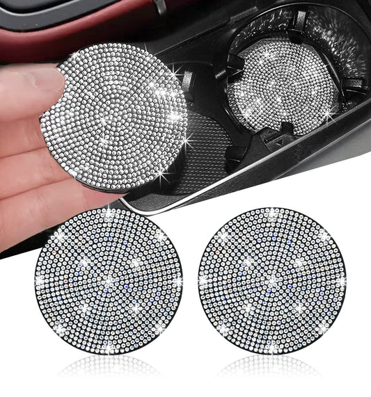 NBTEPEM 2pcs Bling Car Cup Holder Coaster, 2.75 inch Anti-Slip Shockproof Universal Fashion Car Coasters Insert Bling Crystal Rhinestone Automotive Interior Accessories for Women (2 pcs, White)