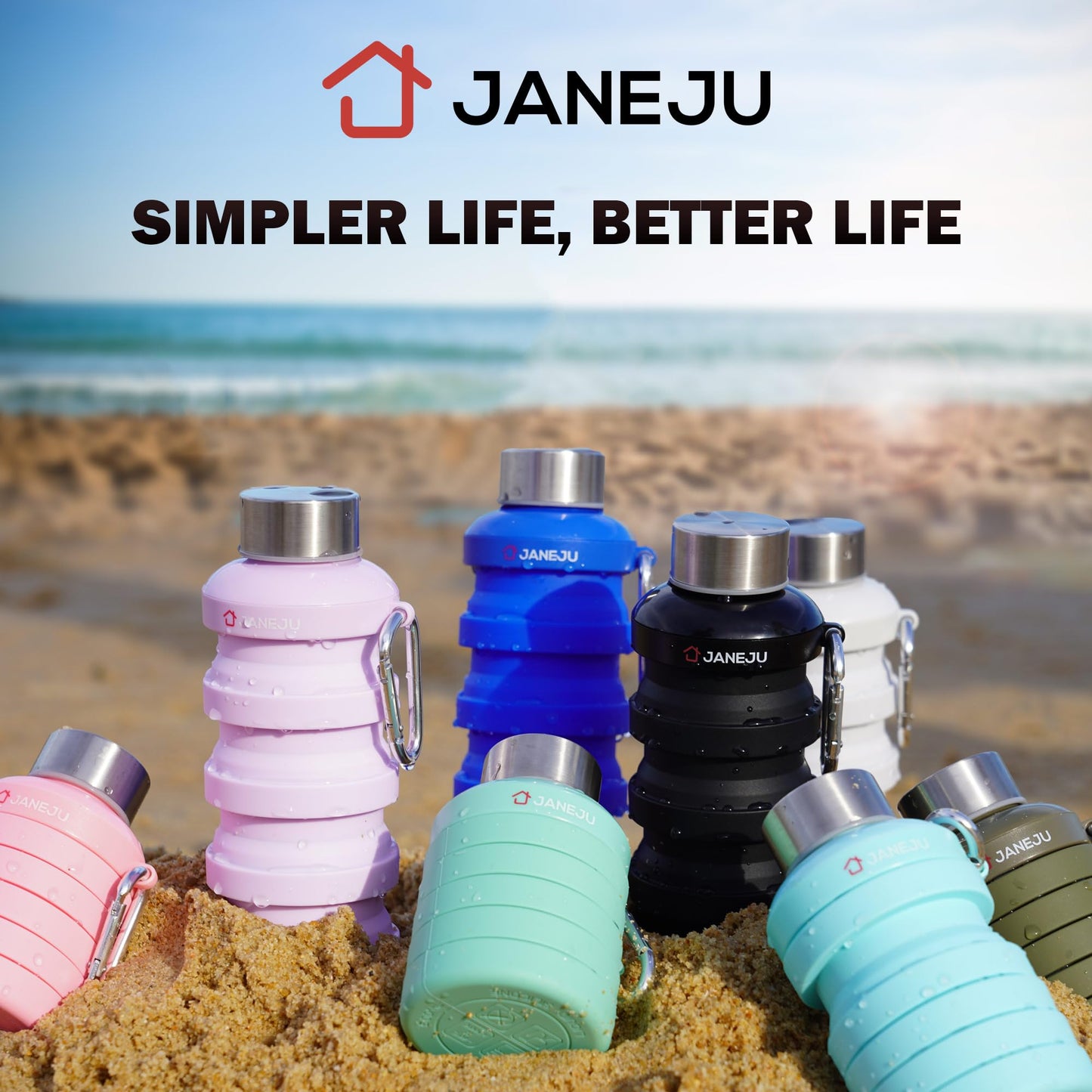 JaneJu Collapsible Water Bottle, 17oz BPA Free Silicone Reusable Portable Lightweight Foldable Water Bottles with Carabine for Hiking, Portable Leak Proof Sports Water Bottle with Stainless Twist Cap