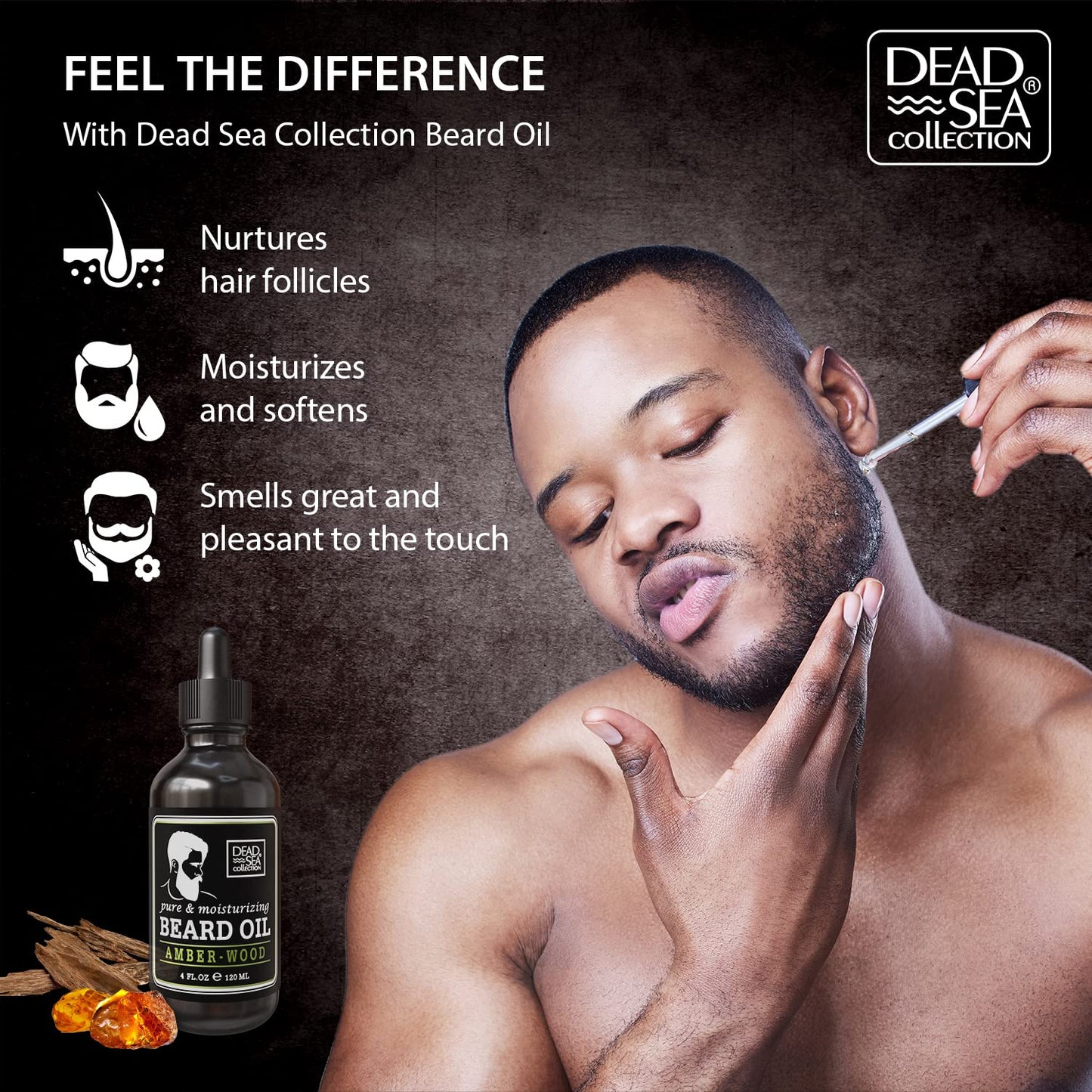 Dead Sea Collection Amber Wood Scented Beard Oil For Men - Natural Beard And Mustache Moisturizer – Men’s Beard Care Softener And Nourishing Treatment - 4 Fl. Oz