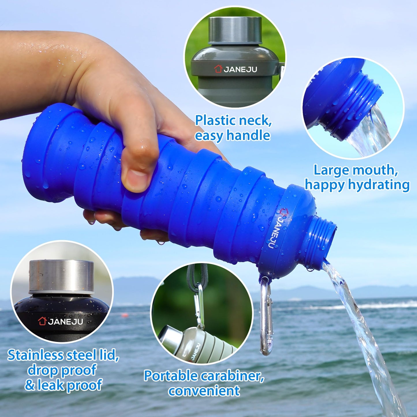 JaneJu Collapsible Water Bottle, 17oz BPA Free Silicone Reusable Portable Lightweight Foldable Water Bottles with Carabine for Hiking, Portable Leak Proof Sports Water Bottle with Stainless Twist Cap