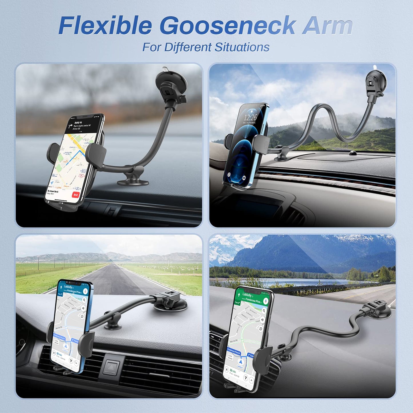 OQTIQ Phone Mount for Car [Gooseneck 13" Long Arm] Car Phone Holder for Dashboard, Windshield, Strong Suction Cup Cell Phone Holder for Car Truck for iPhone 14 13 Pro Max All Mobile Phones