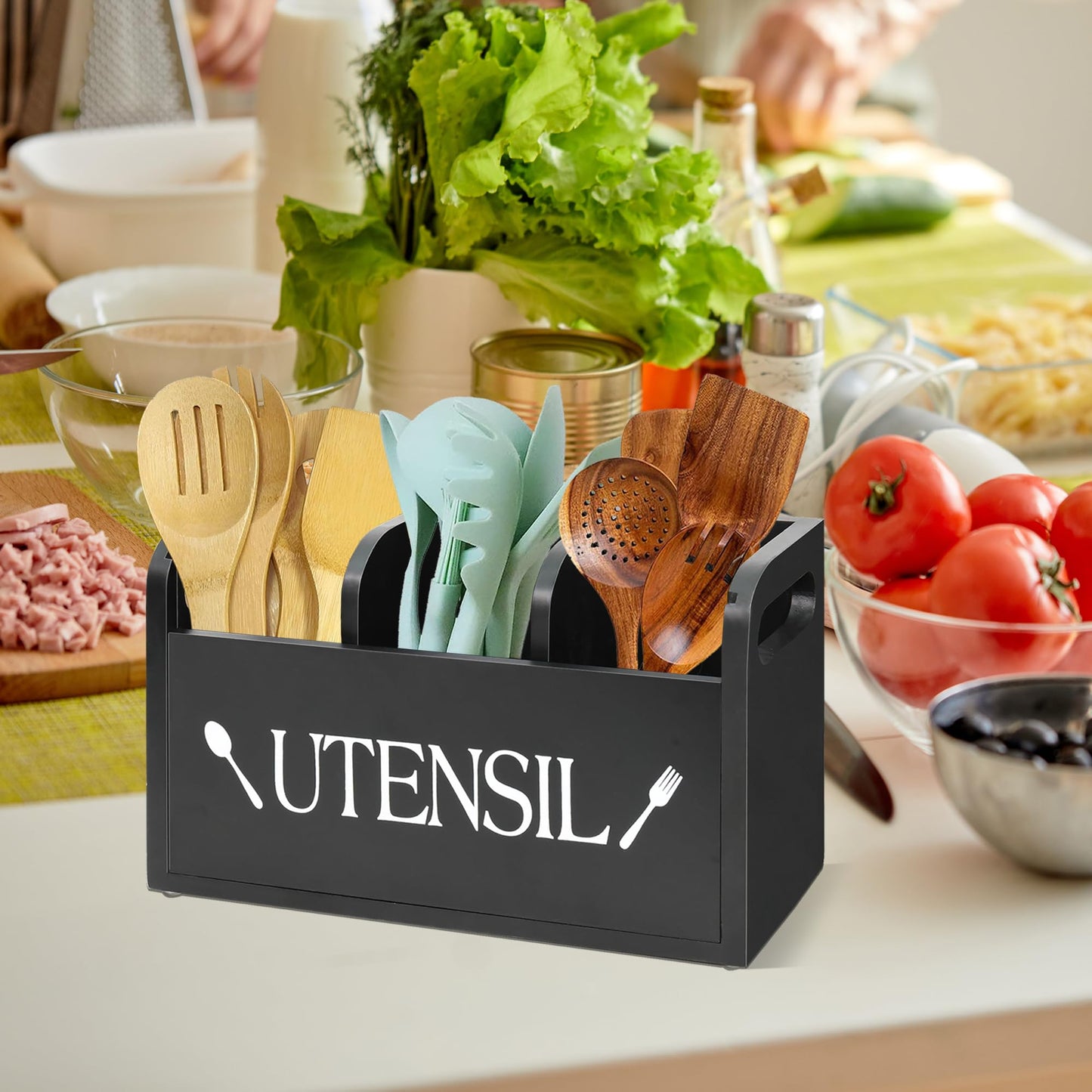 Kitchen Utensil Holder for Countertop, Farmhouse Kitchen Countertop Organizer, Cooking Utensil Organizer with Removable Cover, Kitchen Counter Decor Utensil Holder for Cooking Tool and Utensil Storage