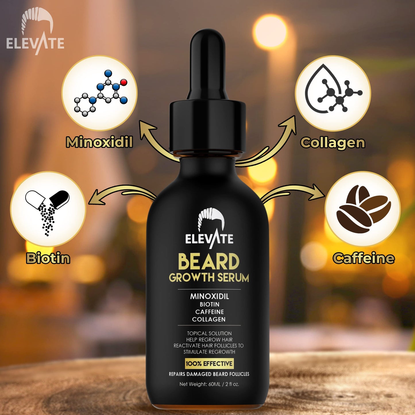 Elevate Beard Growth Oil 5% Minoxidil Hair Growth Serum with Biotin & Caffeine – Grow a Stronger Thicker Fuller Beard Faster – Natural Facial Hair Treatment for Grooming Thickening and Volume 1 Fl Oz