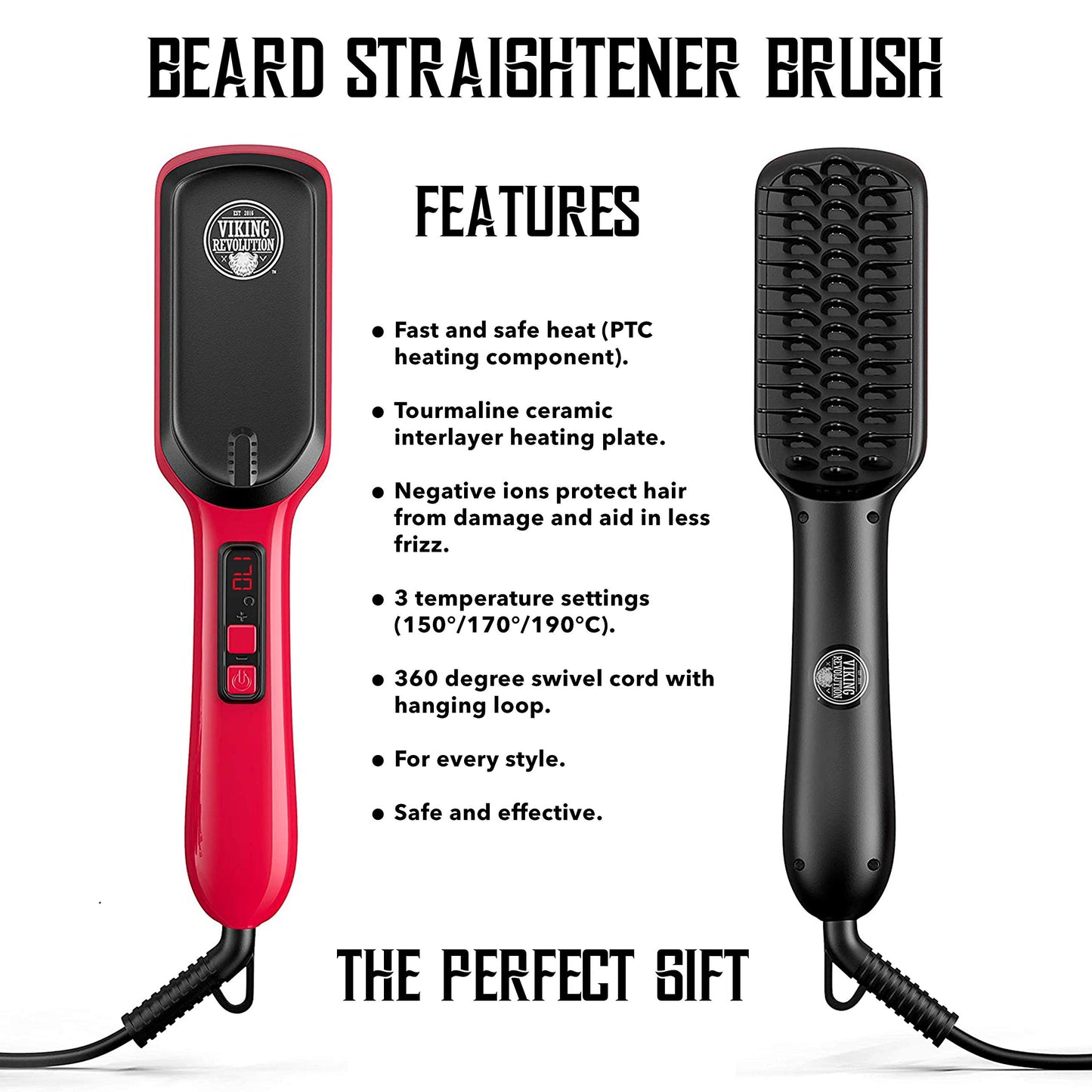 Beard Straightener Brush for Men - Fast Heating Ceramic and Ionic Mens Beard Straightener Comb - Heated Beard Brush - Includes Wooden Beard Comb & Beard Balm with Sandalwood Scent