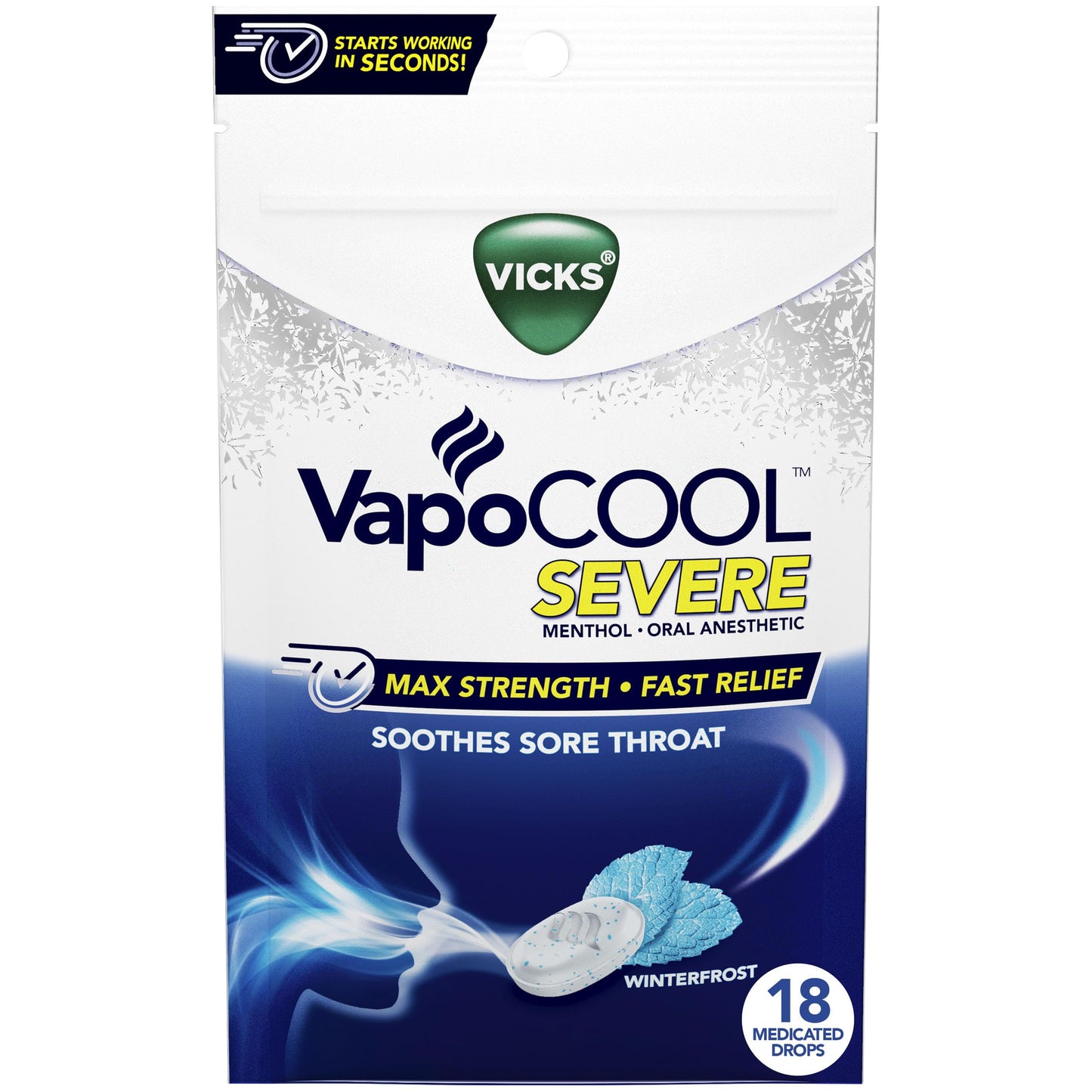 Vicks, VapoCOOL SEVERE Medicated Drops 18ct MaximumStrength Relief to Soothe Sore Throat Pain, Menthole, 18 Count