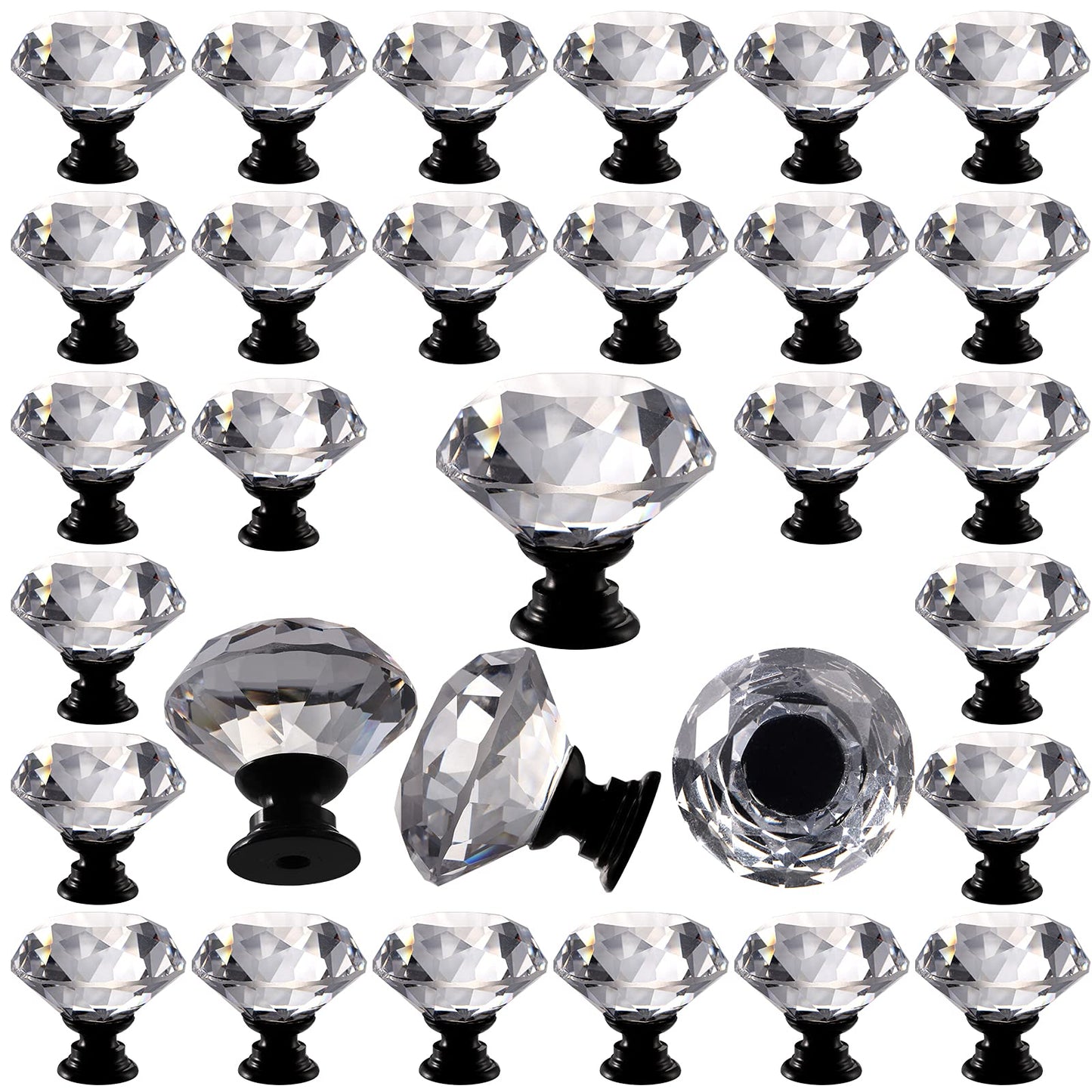 Peohud 30 Pieces Glass Cabinet Knobs, 30mm Crystal Drawer Dresser Pulls, Clear Diamond Knobs with Screws for Kitchen, Bathroom Cabinet, Dresser and Cupboard