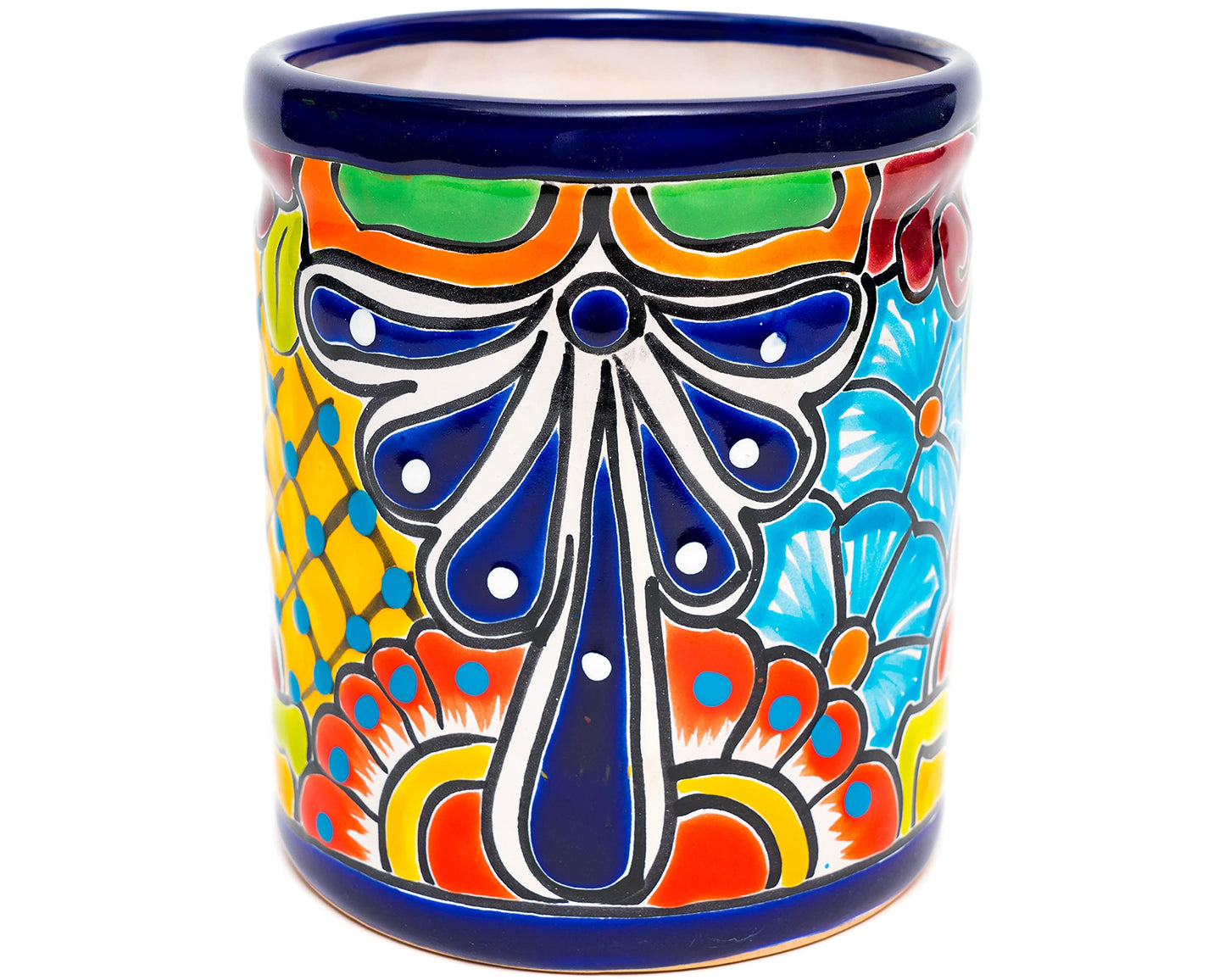 Enchanted Talavera Ceramic Large Utensil Holder Spatula Crock Kitchen Counter Organizer Mexican Pottery Utensils Tools Caddy Spoon Rest White Ceramic (Cobalt Large (7.5" H x 6" W))