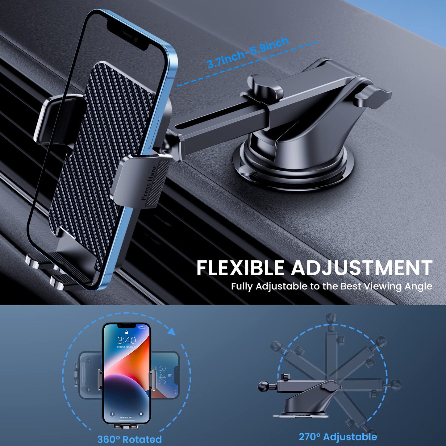 Car Phone Holder Mount [Bumpy Roads Friendly] Phone Mount for Car Dashboard Windshield Air Vent Universal Cell Phone Automobile Cradles Hands-Free Phone Stand for Car Fit iPhone Android Smartphones