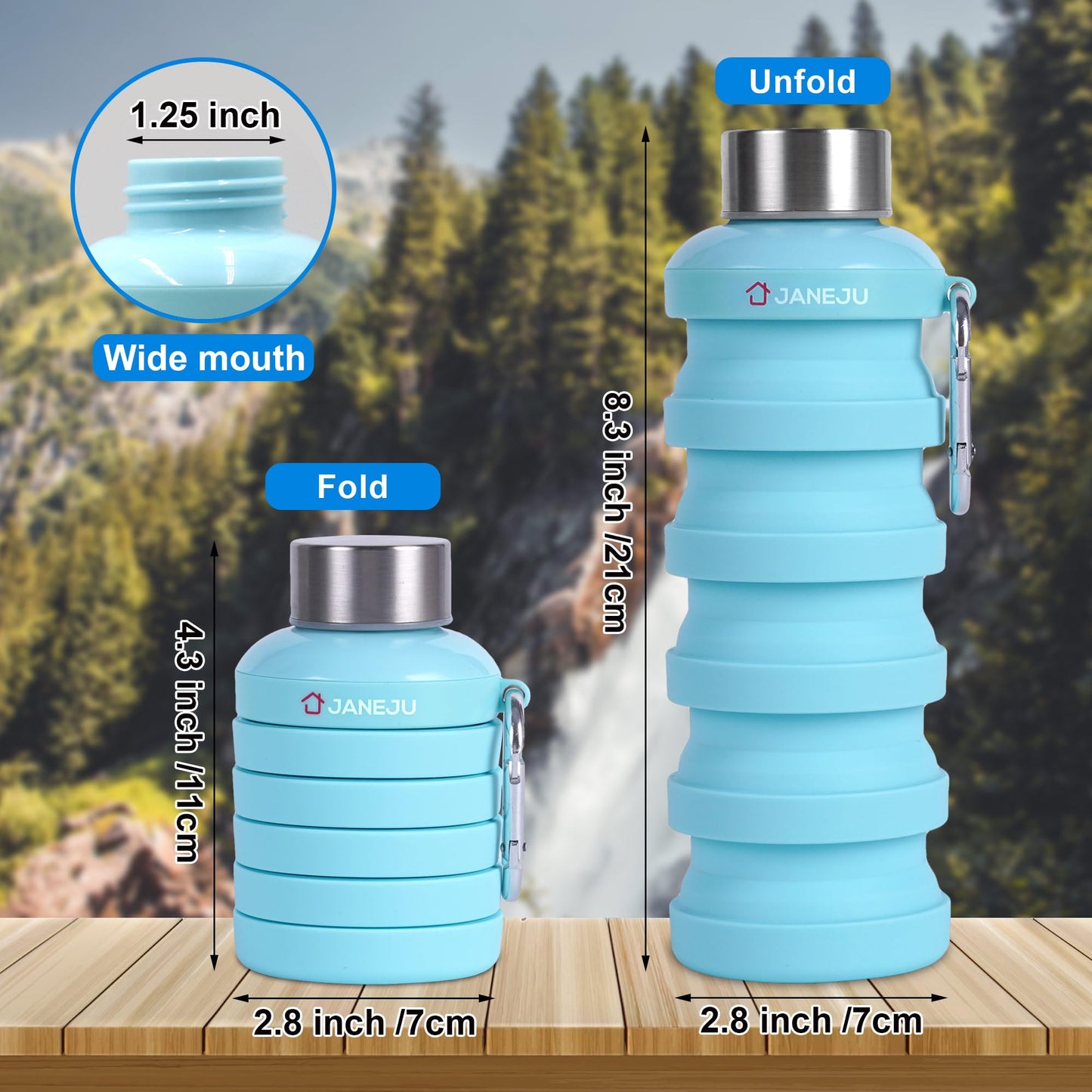 JaneJu Collapsible Water Bottle, 17oz BPA Free Silicone Reusable Portable Lightweight Foldable Water Bottles with Carabine for Hiking, Portable Leak Proof Sports Water Bottle with Stainless Twist Cap