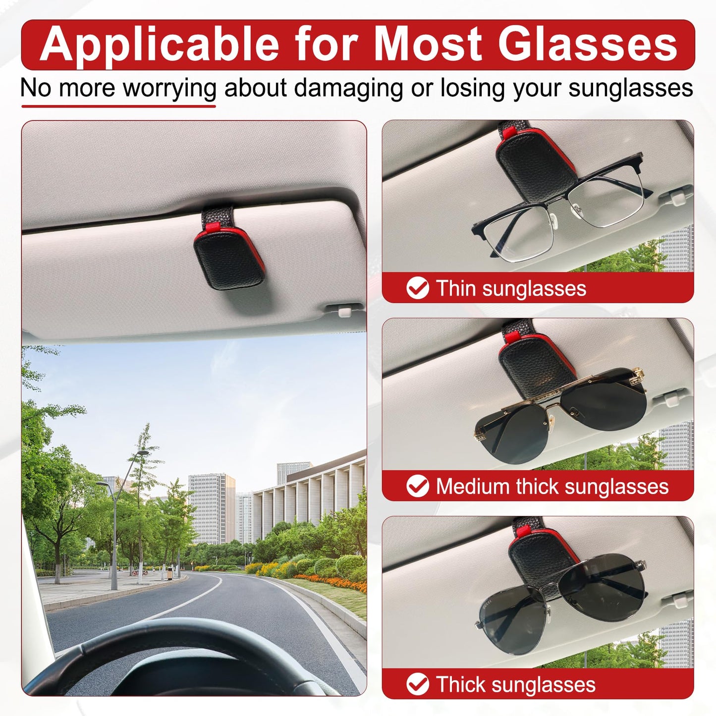 SINGARO Sunglasses Holder for Car, Leather Magnetic Buckle Sun Visor Sunglass Clip, Ticket Card Storage Glasses Clip, Car Interior Accessories for Men and Women（Black-red）