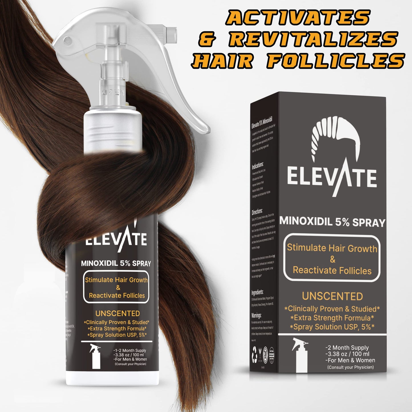 ELEVATE 5% Minoxidil Hair Growth Spray - Extra Strength Professional Treatment for Hair Loss and Regrowth - Stimulate Follicles for Men & Women - 1 to 2 Month Supply 100ml