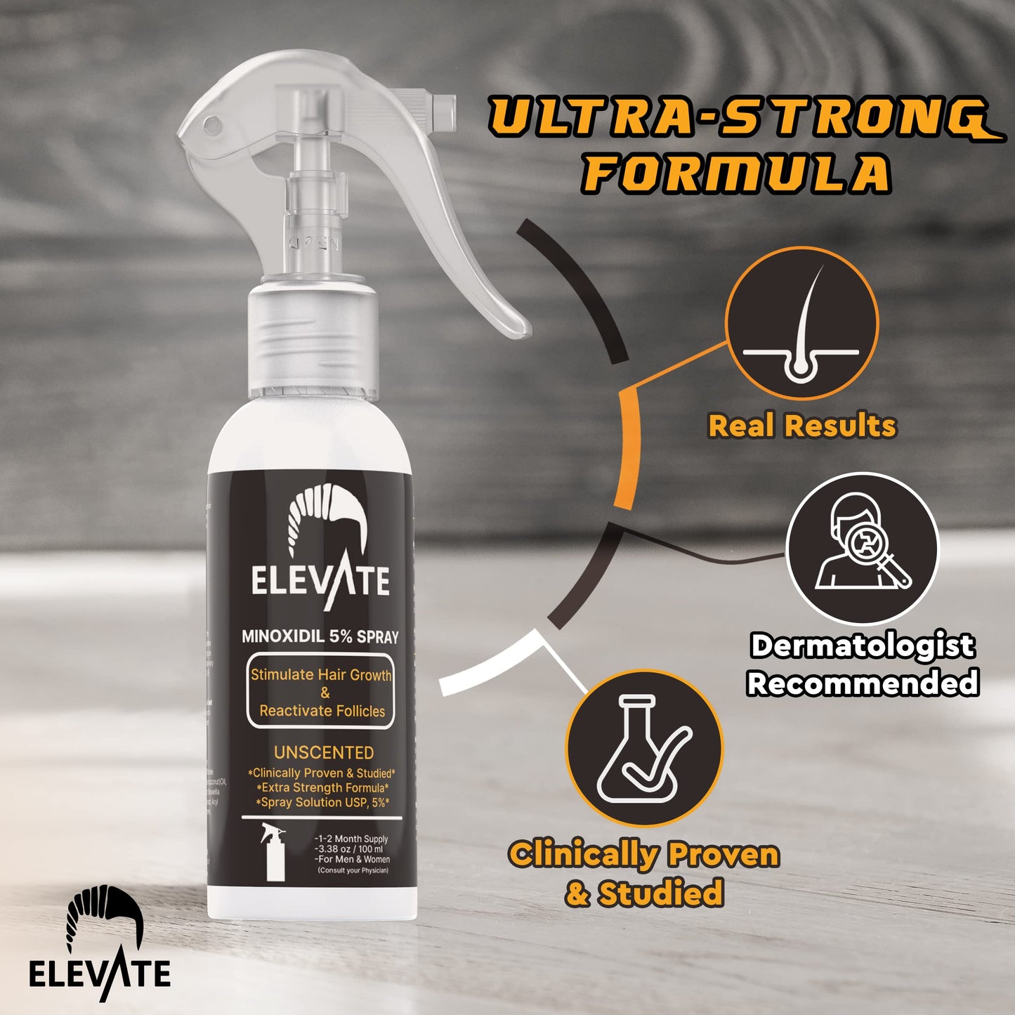 ELEVATE 5% Minoxidil Hair Growth Spray - Extra Strength Professional Treatment for Hair Loss and Regrowth - Stimulate Follicles for Men & Women - 1 to 2 Month Supply 100ml