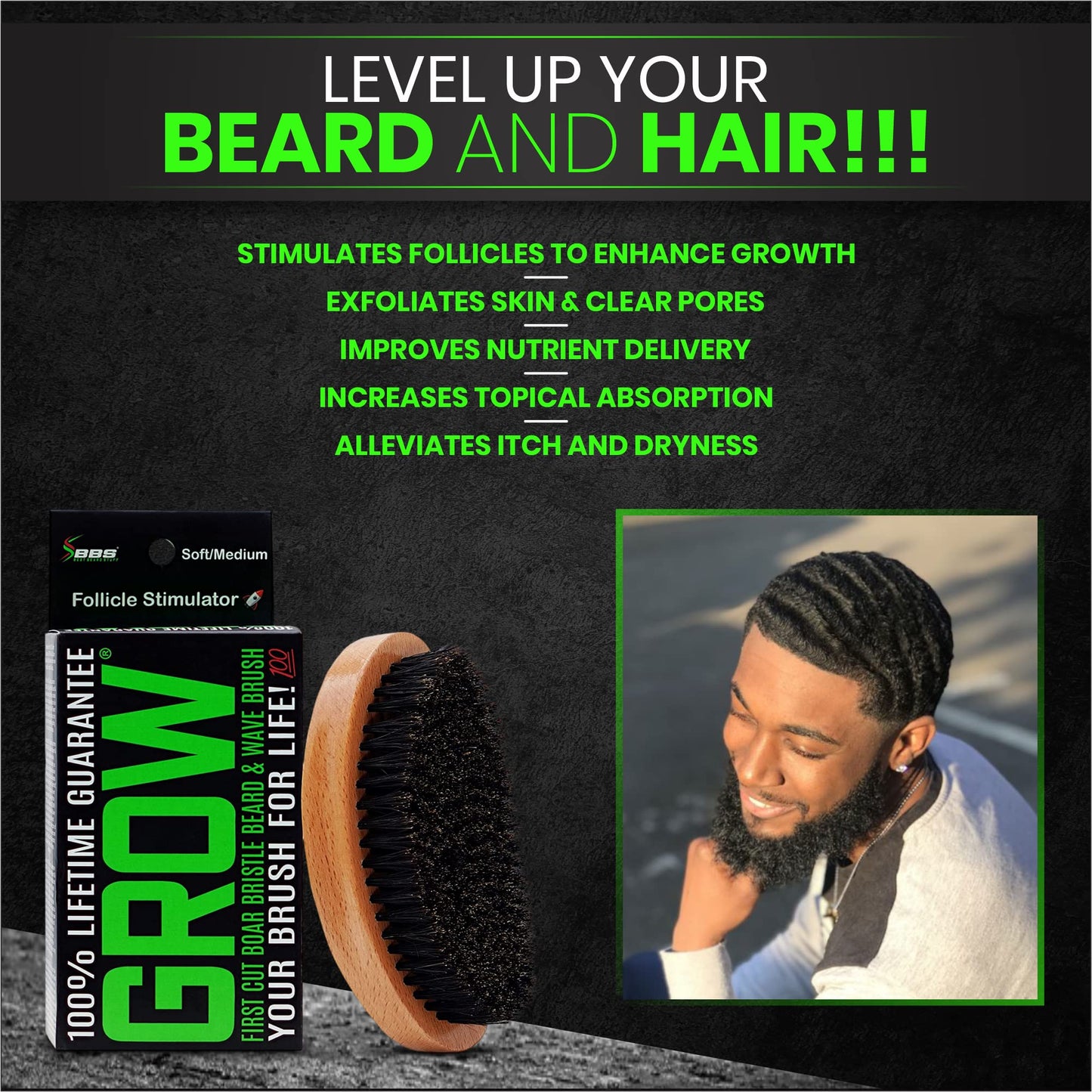 GROW First Cut Boar Bristle Beard & Wave Brush for Men 360 - Beard/Hair Growth Follicle Stimulator - Exfoliate - Detangle - Moisturize - Improve Circulation & Blood Flow (USA)