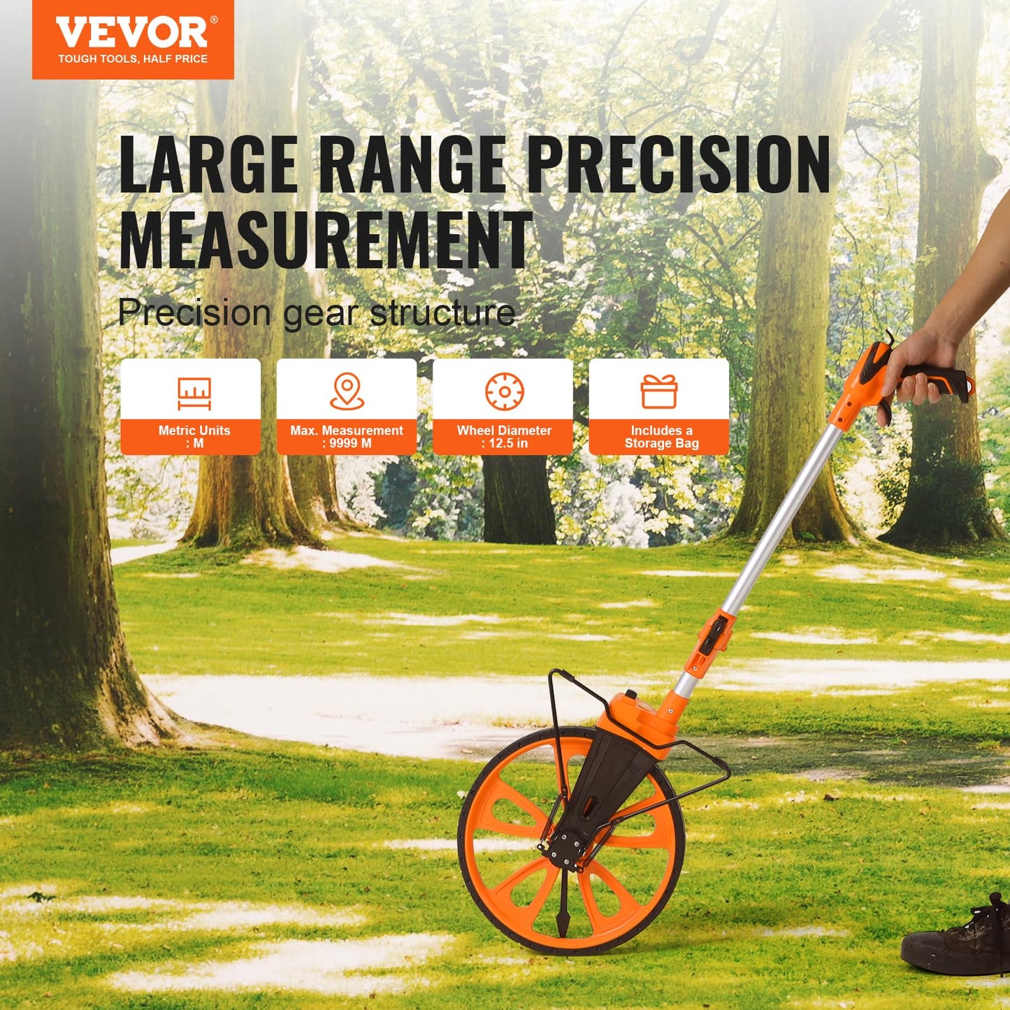 VEVOR Measuring Wheel in Inches, 12.5in Diameter Wheel, Centerline Design w/Handbrake, 39.76-20.47 in Telescoping Measure Wheel,Measurement 0-9,999m with Bag, for Lawn/Hard/Soft/Wood Road Measuring