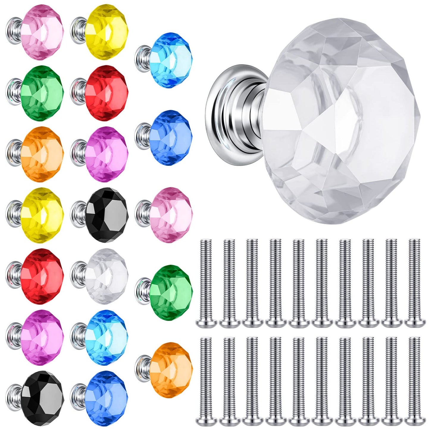 Qunclay 20 Pieces Crystal Cabinet Knobs 30 mm Drawer Pulls Colorful Dresser Knobs Crystal Knobs Diamond Shape Dresser Handles for Furniture Office Kitchen Bathroom (Mixed Colors)