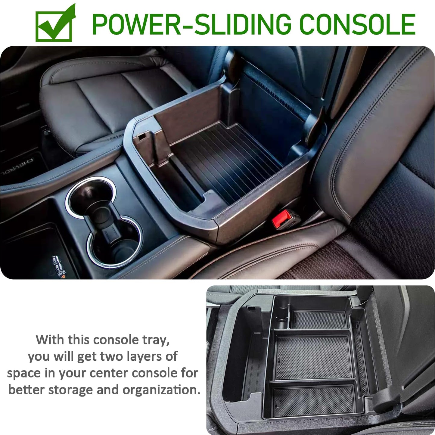 TOPINSTALL Power-Sliding Console Tray Compatible with 2021-2023 Chevy Tahoe/Suburban/GMC Yukon Accessories, Match The Inside Shape of Sliding Console Perfectly, Full-Size Armrest Organizer-Black