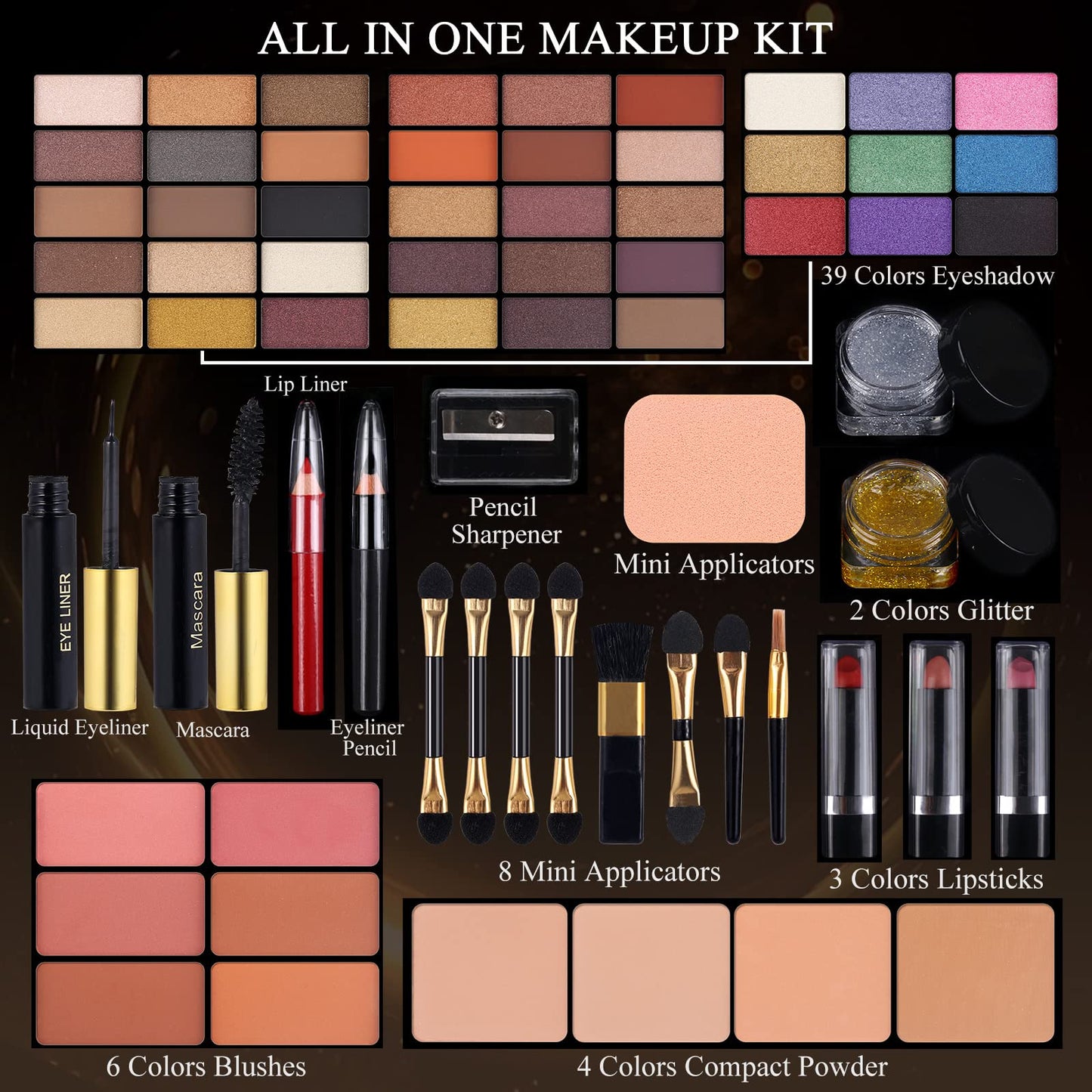 Professional Makeup Kit for Women Full Kit with Mirror 58 Colors All in One Make up Gift Set Combination with Eyeshadow, Compact Powder, Blusher, Lipstick, Lip Liner, Eyebrow Pencil, Glitter Powder, Eyeliner, Mascara, Cosmetic Case for Girls (100-N)