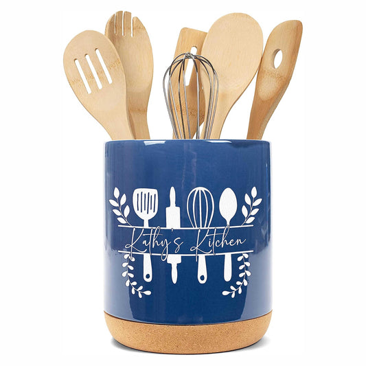 MRC Wood Products Personalized Ceramic Kitchen Utensil Holder - Engraved With A Name (utensils not included) (Navy)