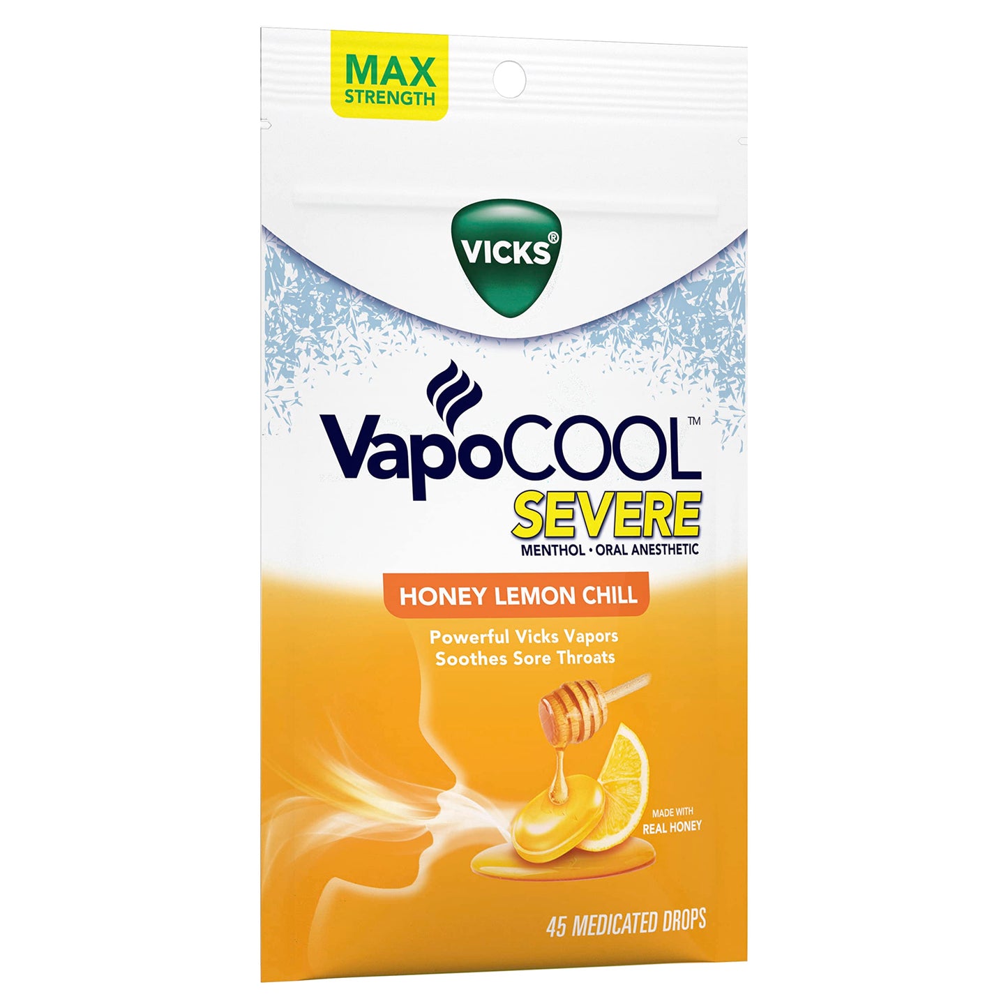 Vicks VapoCOOL SEVERE Medicated Sore Throat Drops, Fast-Acting Max Strength Relief, Soothes Sore Throat Caused by Cough, Powerful Vicks Vapors, Menthol, Honey Lemon Chill Flavor, 225ct (5 45ct packs)