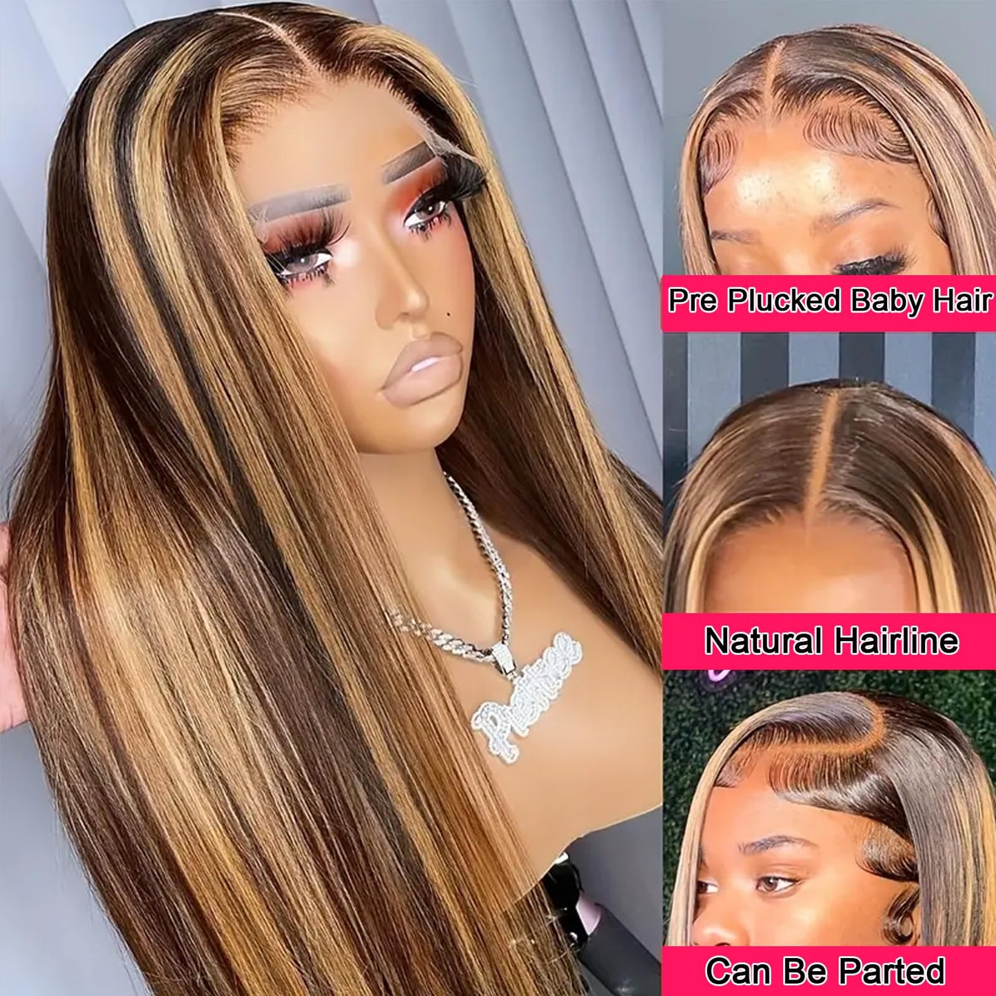 Highlight Ombre Lace Front Wigs Human Hair Pre Plucked 13x4 HD Straight Lace Front Wigs 4/27 Honey Blonde Lace Front Wig Human Hair 180% Density Glueless Wigs Human Hair Pre Plucked Wigs for Women