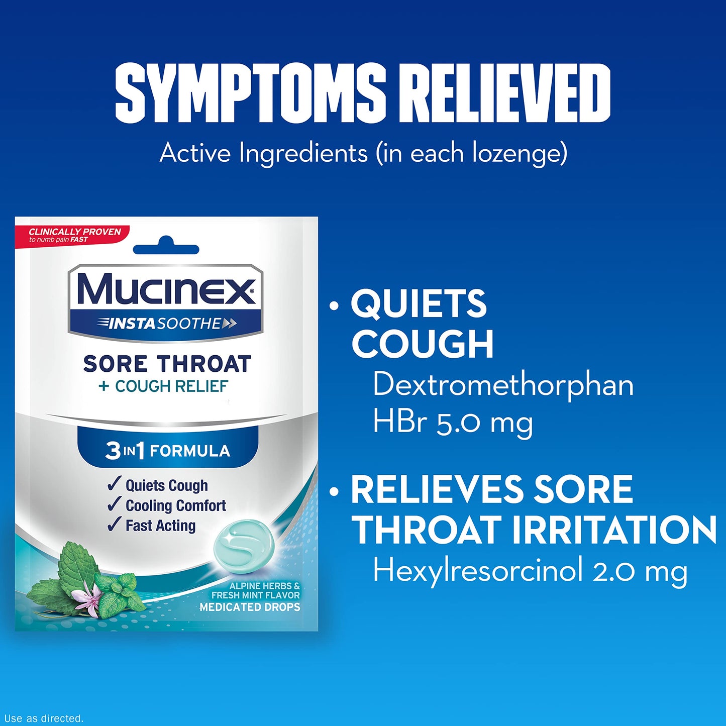 Mucinex InstaSoothe Sore Throat + Cough Relief Alpine Herbs & Mint Flavor, Fast Acting, Cooling Comfort, Powerful Sore Throat Oral Pain Reliever, 40 Medicated Drops