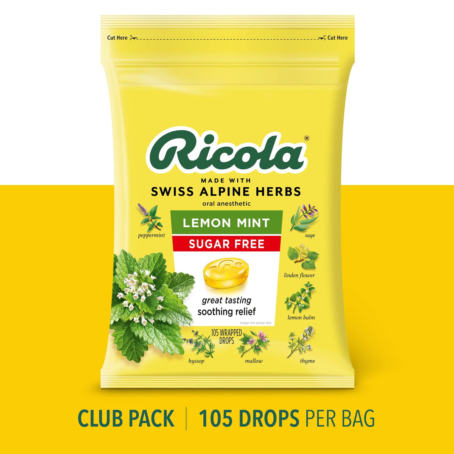 Ricola Sugar Free Lemon Mint Herbal Cough Suppressant Throat Drops, 105ct Bag