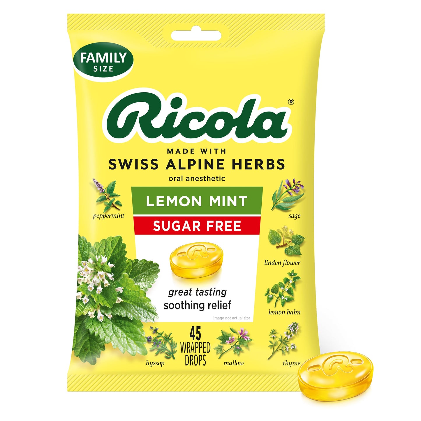 Ricola Big Bag Sugar Free Cough Drops Drops 2245, Lemon, lemon mint, 45 Count, pack of 1