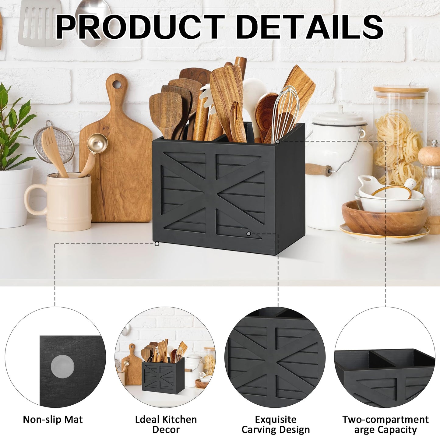 Uipame Wood Utensil Holder, Large Kitchen Utensil Holder for Countertop, Cooking Utensil Organizer for Flatware, Black Utensil Caddy with 2 Compartments, Rustic Utensils Organizer for Kitchen Counter