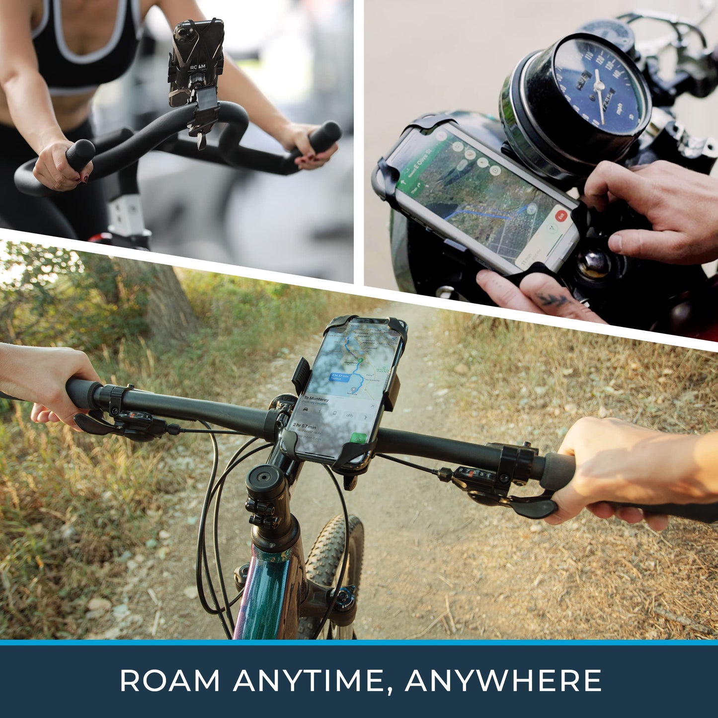 Roam Bike Phone Mount - Motorcycle Phone Mount- 360° Rotation with Universal Handlebar Fit for Bikes, Motorcycles, Scooters, Strollers - Phone Holder For Bike Compatible w/iPhone & Android Cell Phones