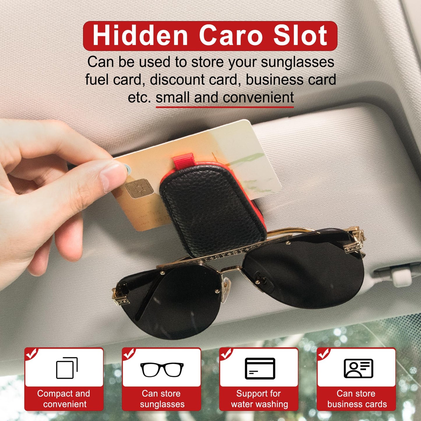 SINGARO Sunglasses Holder for Car, Leather Magnetic Buckle Sun Visor Sunglass Clip, Ticket Card Storage Glasses Clip, Car Interior Accessories for Men and Women（Black-red）