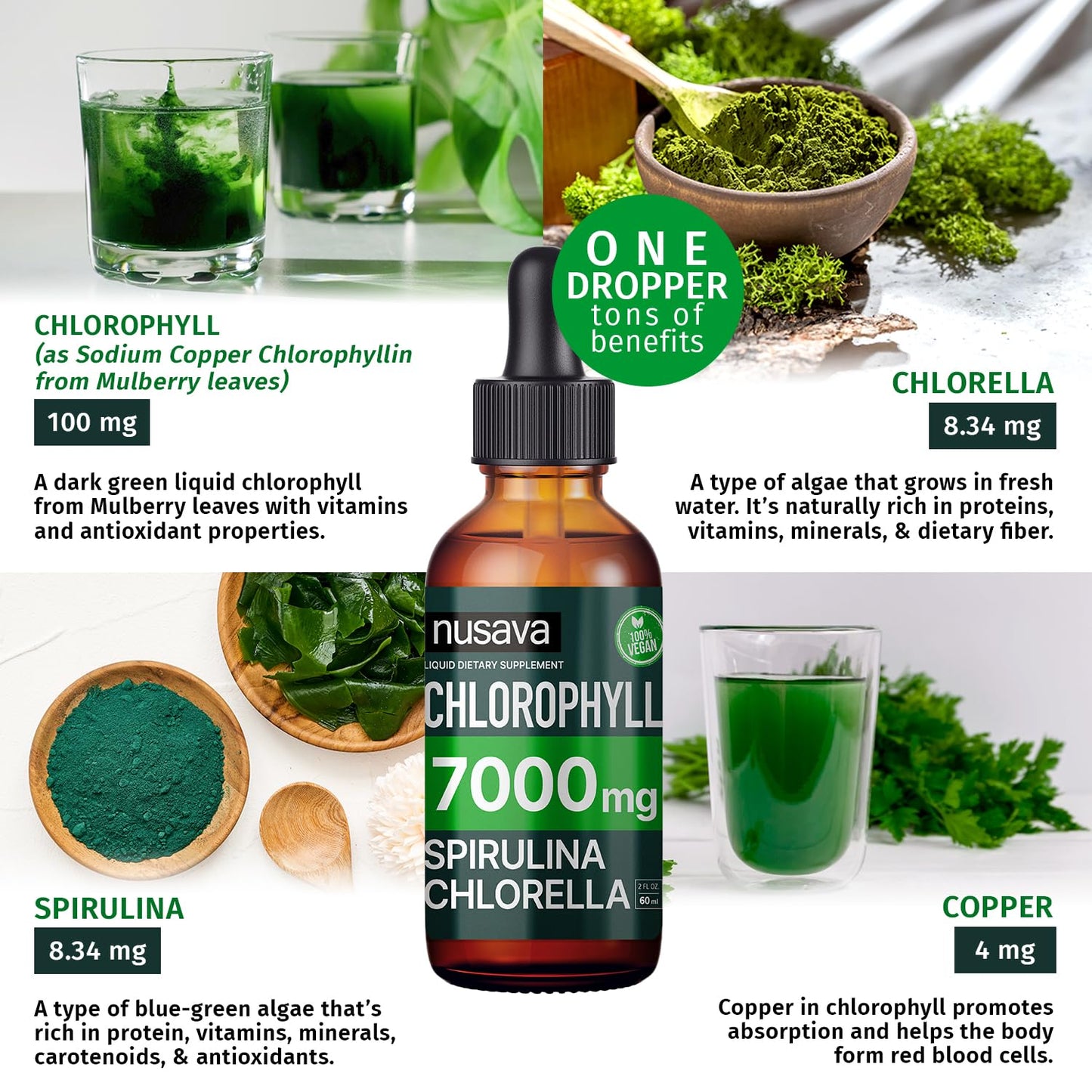 (2 Pack) Vegan Chlorophyll Liquid Drops 7000mg for Immune Support, Energy, Gut & Skin Health, 4-in-1 Liquid Chlorophyll Drops - 100mg, Spirulina, Chlorella, & Copper - Internal Deodorant, 4 Fl Oz