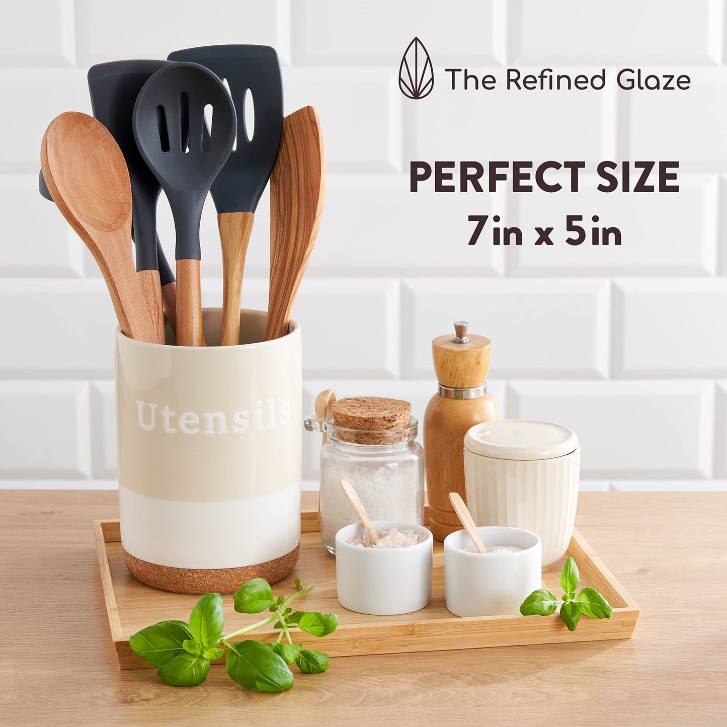 The Refined Glaze Ceramic Utensil Holder for Kitchen Counter - Large Utensil Crock Organizer with a Cork Base (H7 x W5) - Modern Farmhouse Decor for the Kitchen - Spatula Holder (Beige & White)