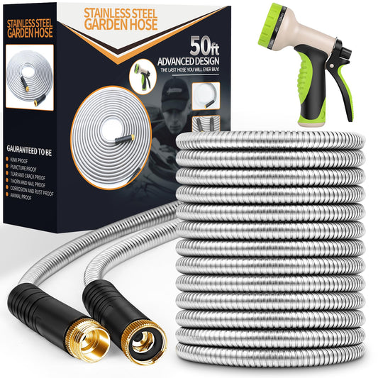 Unywarse Metal Garden Hose 50ft, Heavy Duty Stainless Steel with 10 Function Nozzle Flexible, Lightweight, Kink Free & Tangle Free, Pet Proof, Puncture Proof for Yard, Outdoor